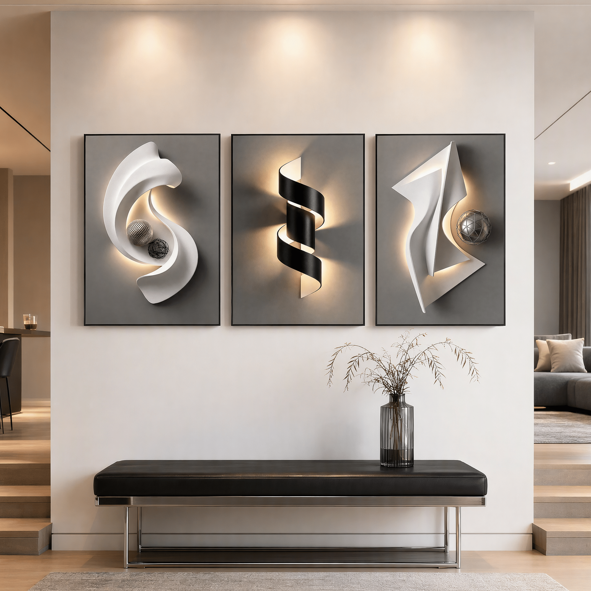 Architectural Crystal Coating Wall Art Set of 3, Large Geometric Canvas Wall Decor for Living Room