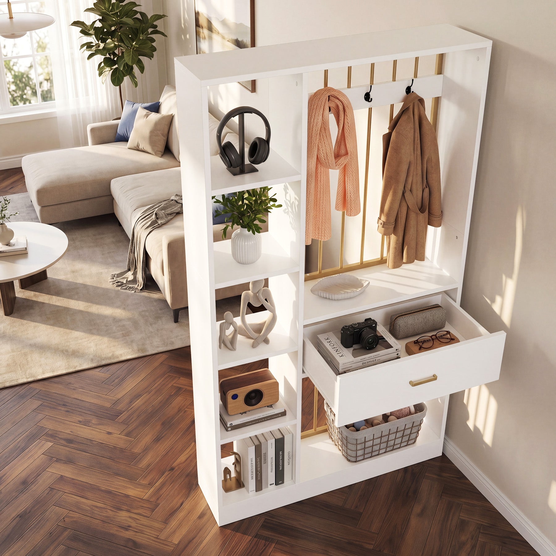 70.8" Room Divider with Storage Shelves, Drawer & Coat Rack, Freestanding Wood Partition Wall