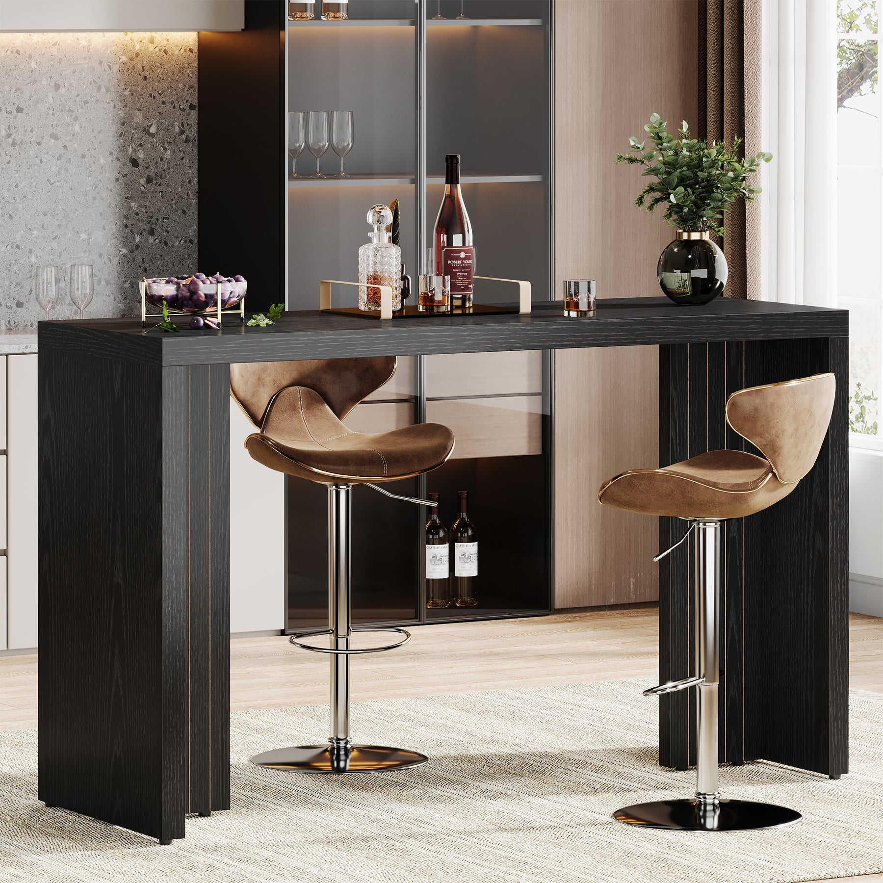 55" Bar Table, Moedern Counter Height Pub Table with Faux Marble Tabletop