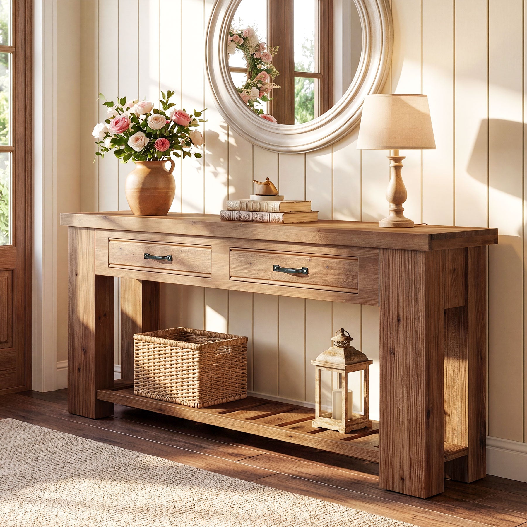 63" Solid Wood Console Table, Entryway Sofa Table with 2 Drawers and Open Slatted Shelf