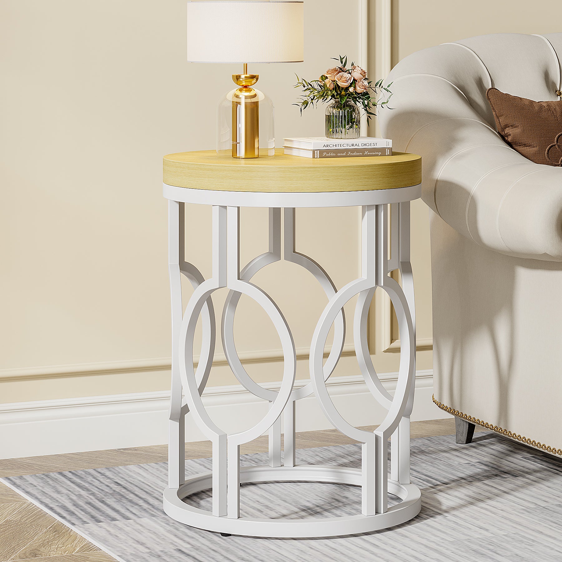 Round End Table, Industrial Side Table with Metal Hollow Frame