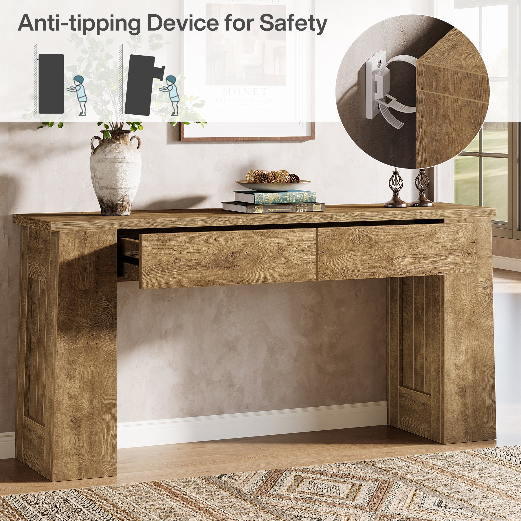 63" Console Table with 2 Drawers, Long Entryway Sofa Table for Living Room