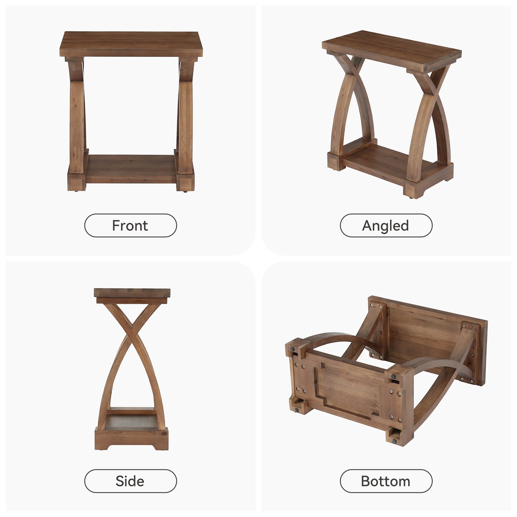 23.62" Solid Wood End Table, 2-Tier Side Table with Curved X-Frame for Small Spaces