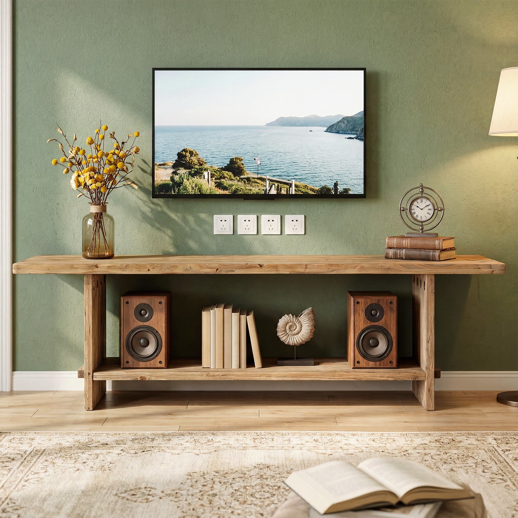 71" Solid Wood TV Stand for 55–85 Inch TVs, Farmhouse Media Console with Storage Shelf, Wooden Entertainment Center