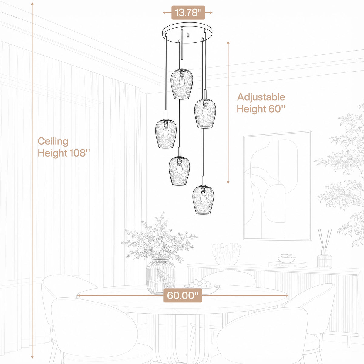 5-Light Hammered Glass Pendant Light, Modern Light Fixtures with Adjustable 60" Cord