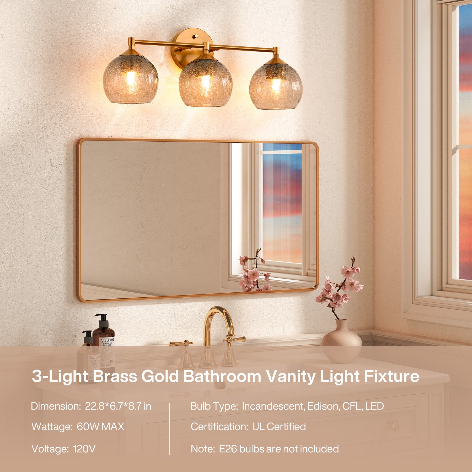3-Light Bathroom Light Fixtures, Modern Wall Sconce Vanity Light with Grey Glass Shade (Bulbs Not Included)