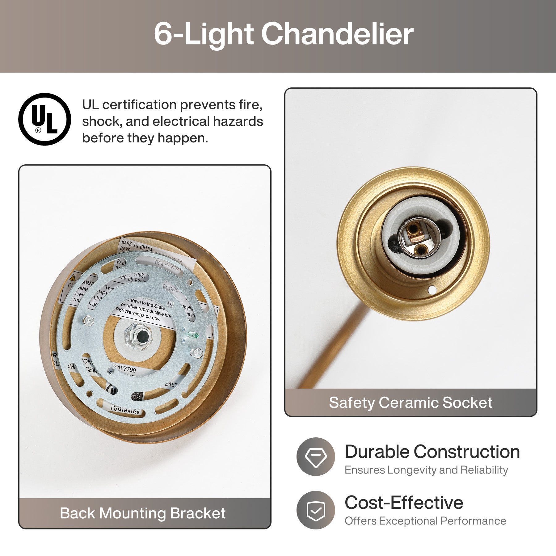 6-Light Brass Chandelier, Modern Pendant Lighting with Mixed Round & Teardrop Mercury Glass