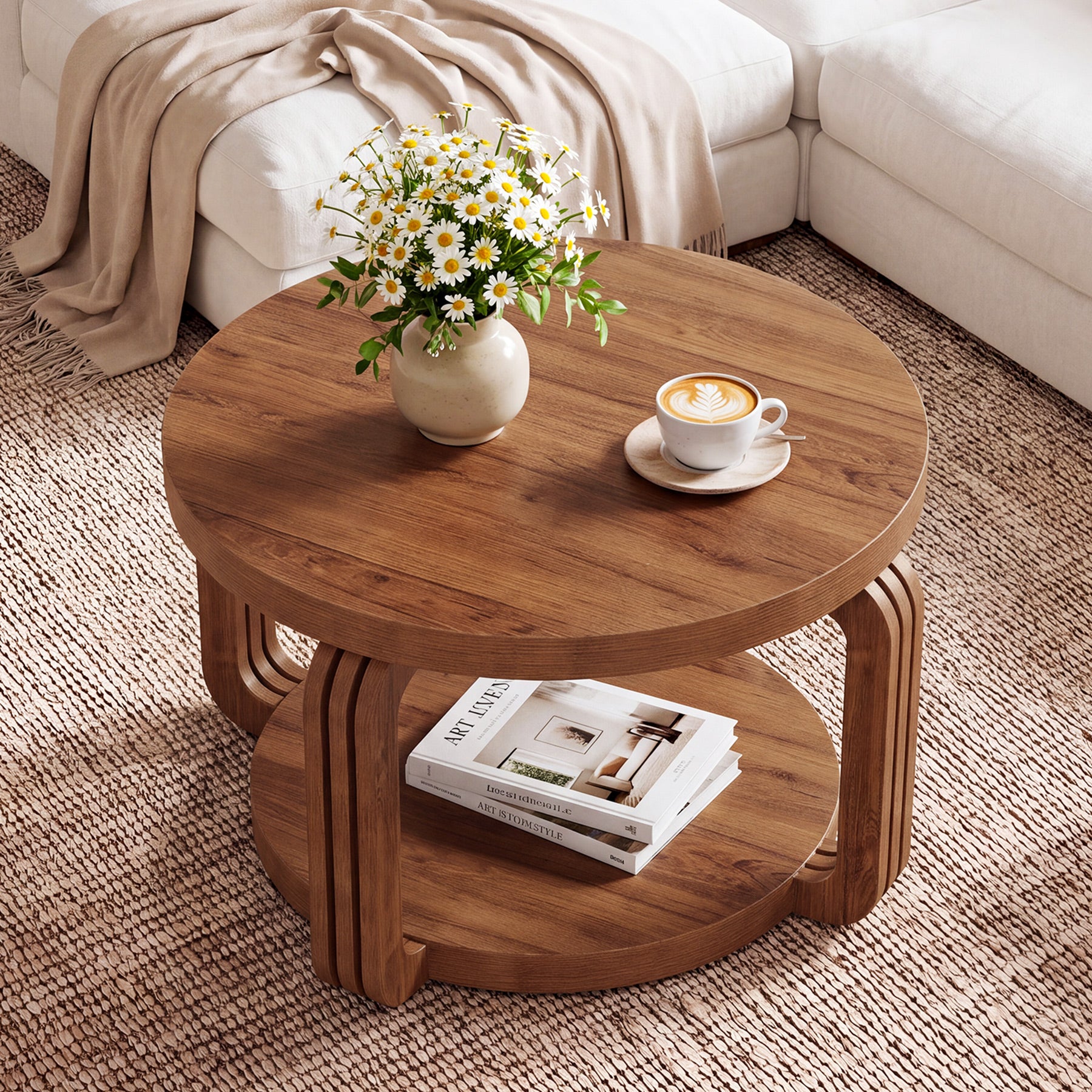 31.5-Inch Round Coffee Table with 2-Tier Storage, Arch Design Center Table for Living Room
