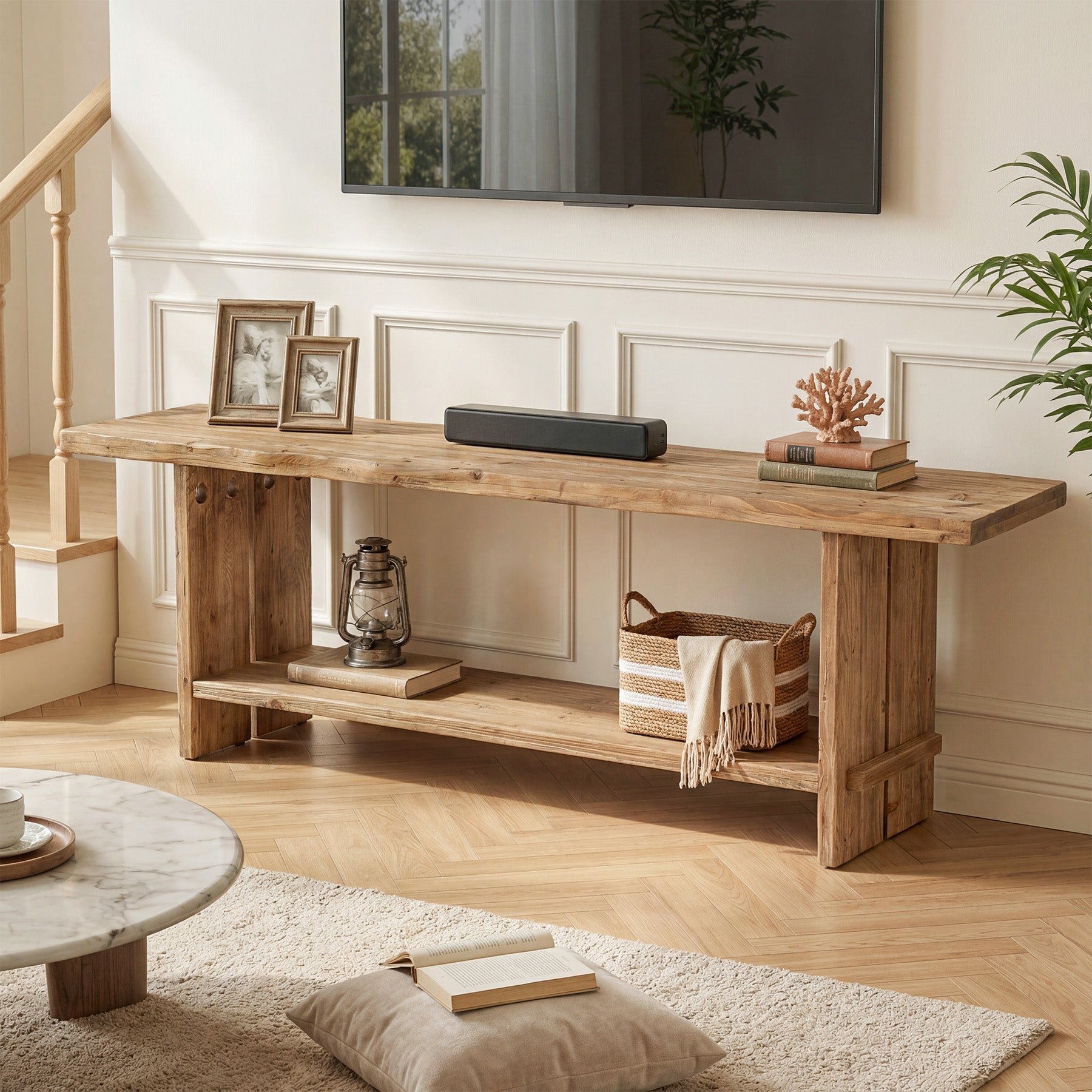 71" Solid Wood TV Stand for 55–85 Inch TVs, Farmhouse Media Console with Storage Shelf, Wooden Entertainment Center