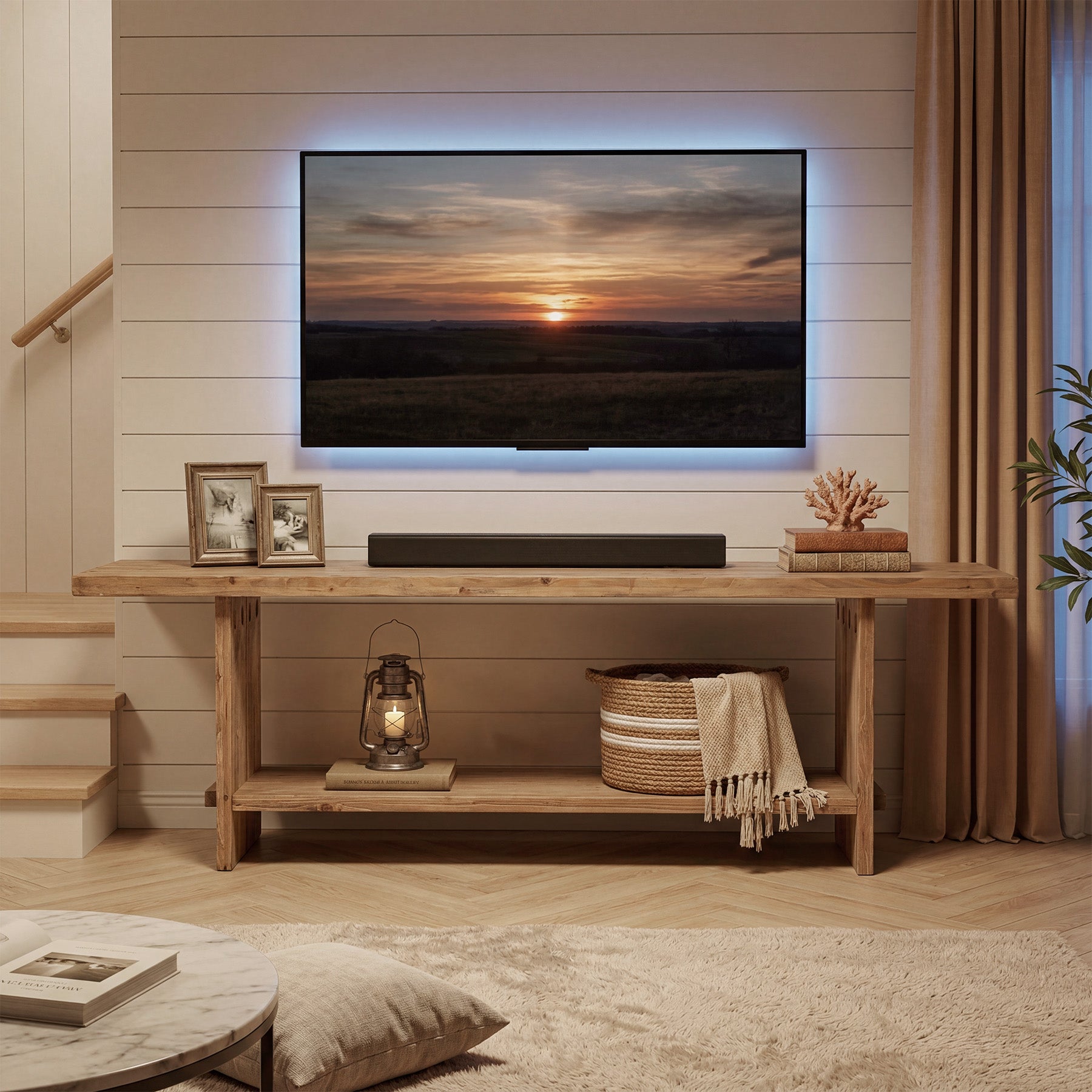 71" Solid Wood TV Stand for 55–85 Inch TVs, Farmhouse Media Console with Storage Shelf, Wooden Entertainment Center