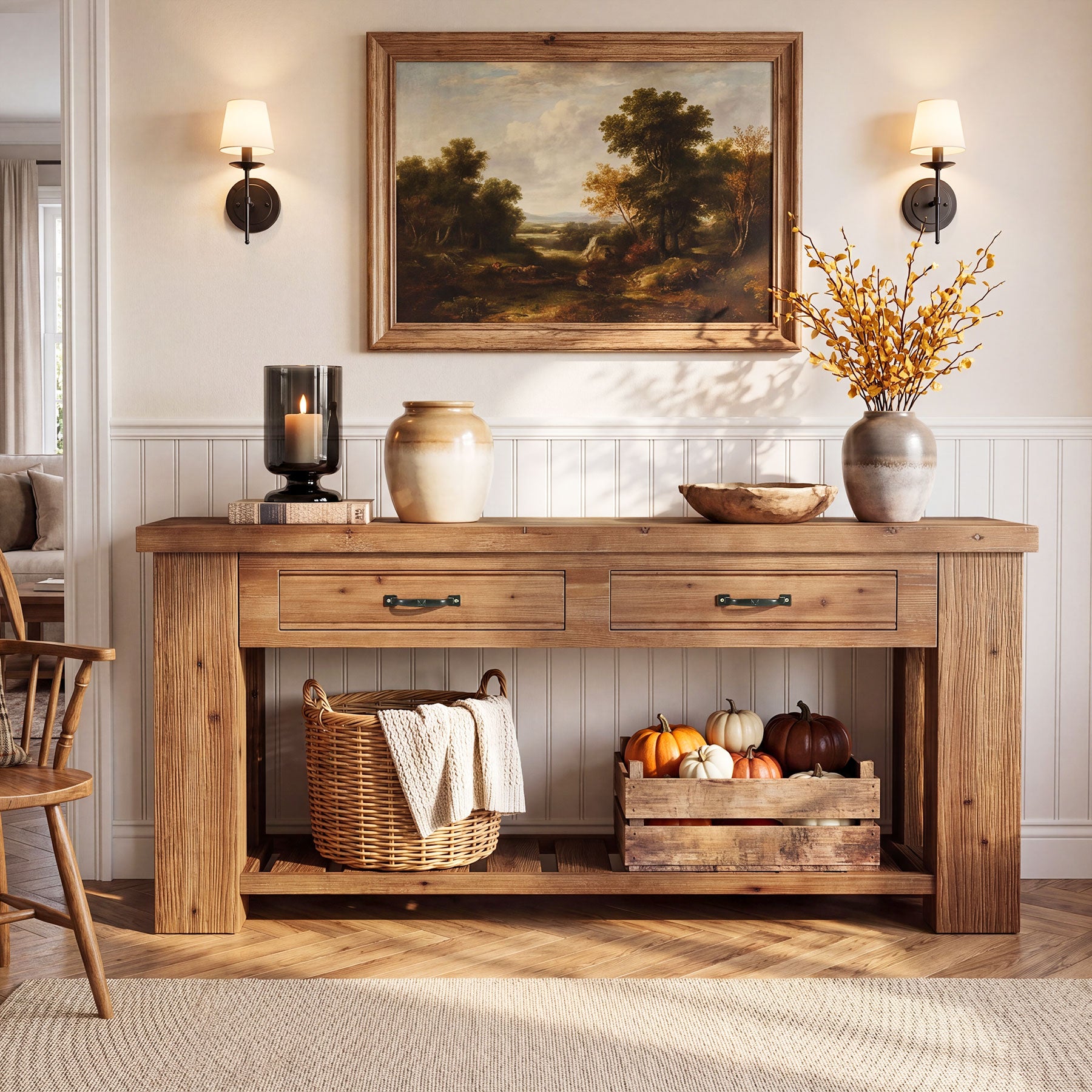 63" Solid Wood Console Table, Entryway Sofa Table with 2 Drawers and Open Slatted Shelf