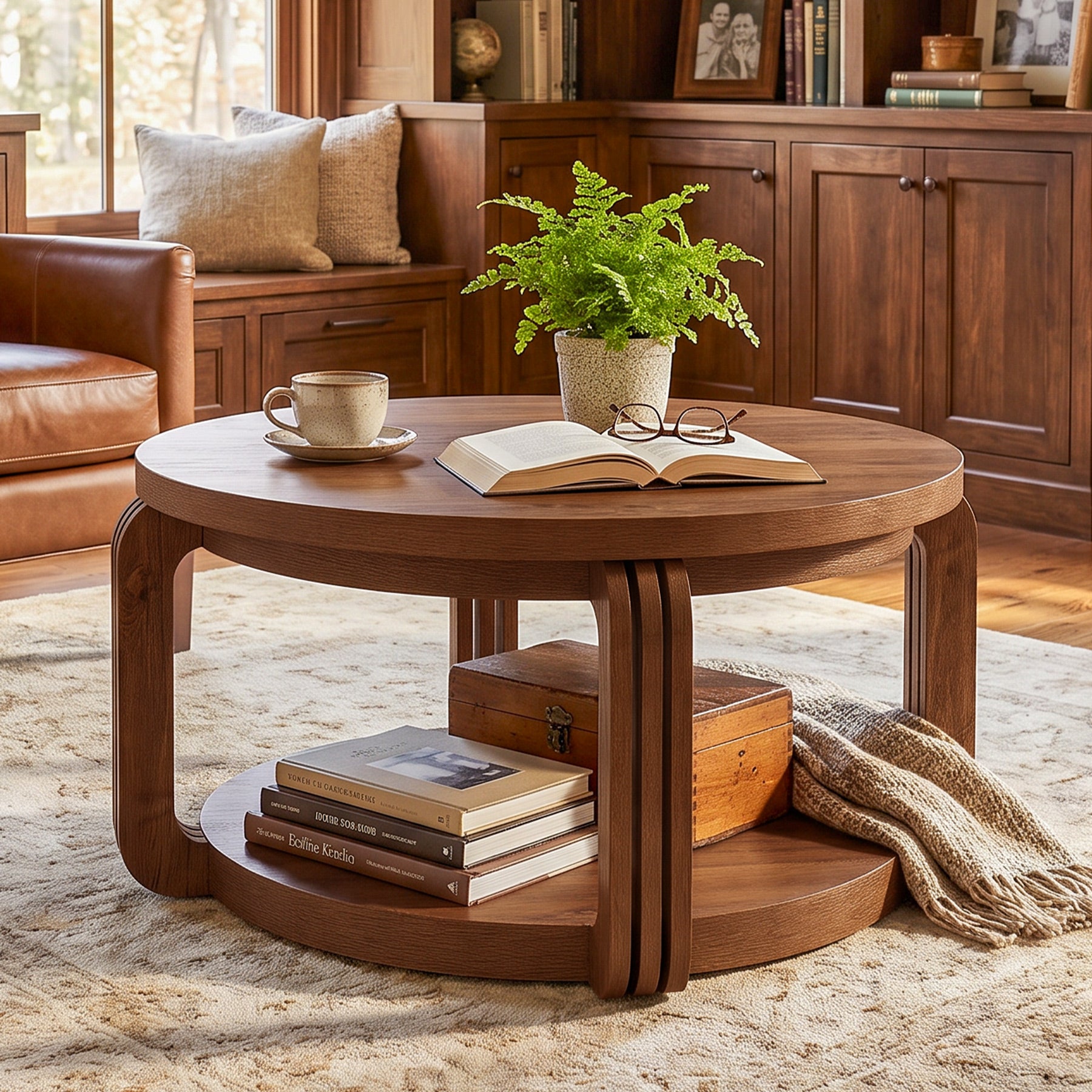 31.5-Inch Round Coffee Table with 2-Tier Storage, Arch Design Center Table for Living Room