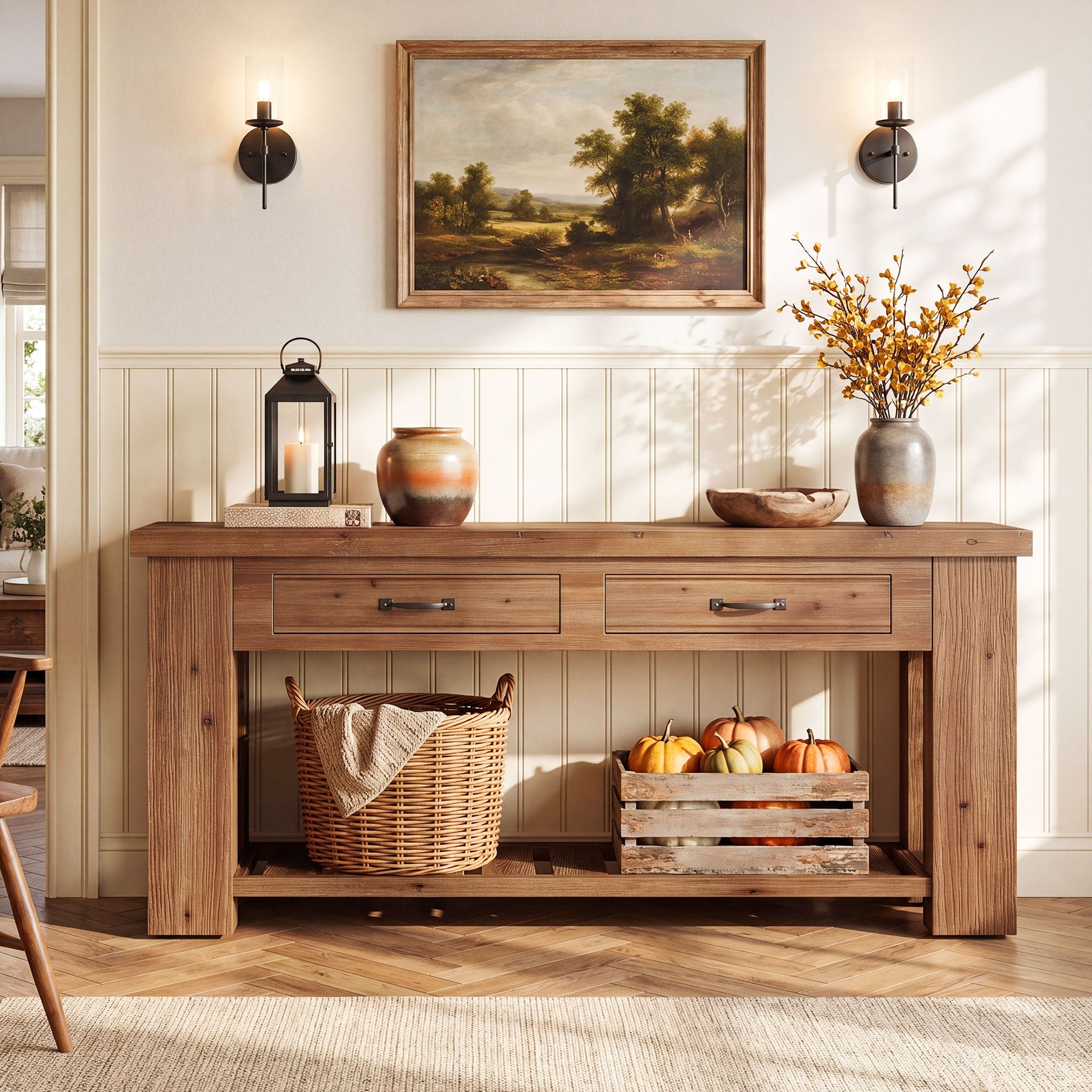 63" Solid Wood Console Table, Entryway Sofa Table with 2 Drawers and Open Slatted Shelf