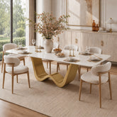 79" Rectangular Sintered Stone Dining Table for 8, White & Gold Stainless Steel Pedestal 3