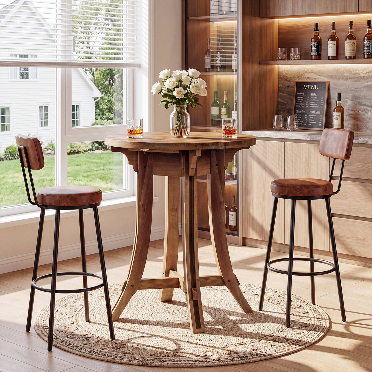 32" Round Bar Table with Footrest, Rustic Solid Wood Farmhouse Pub Table
