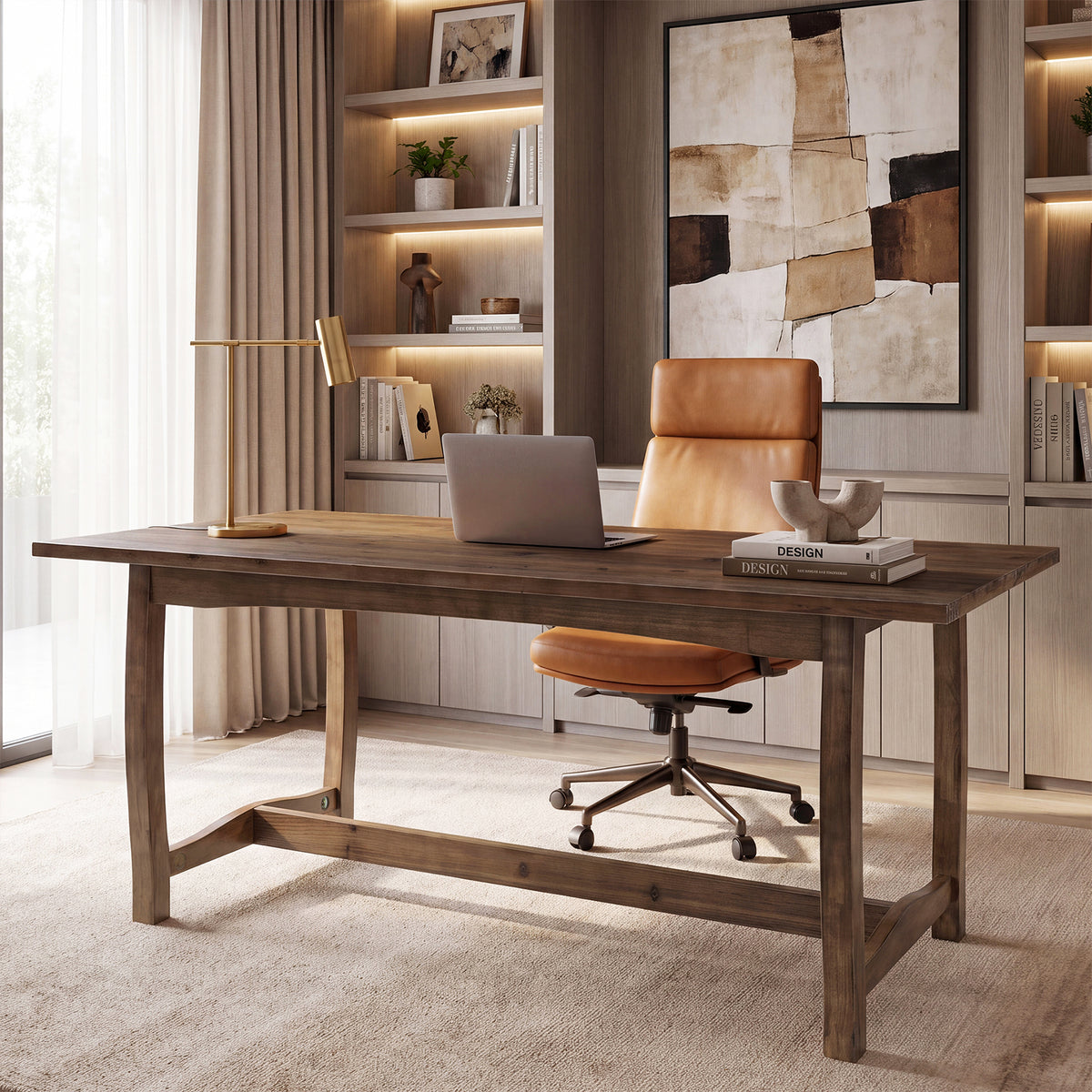 63" Solid Wood Executive Desk, Farmhouse Computer Desk with Reinforced Trestle Base