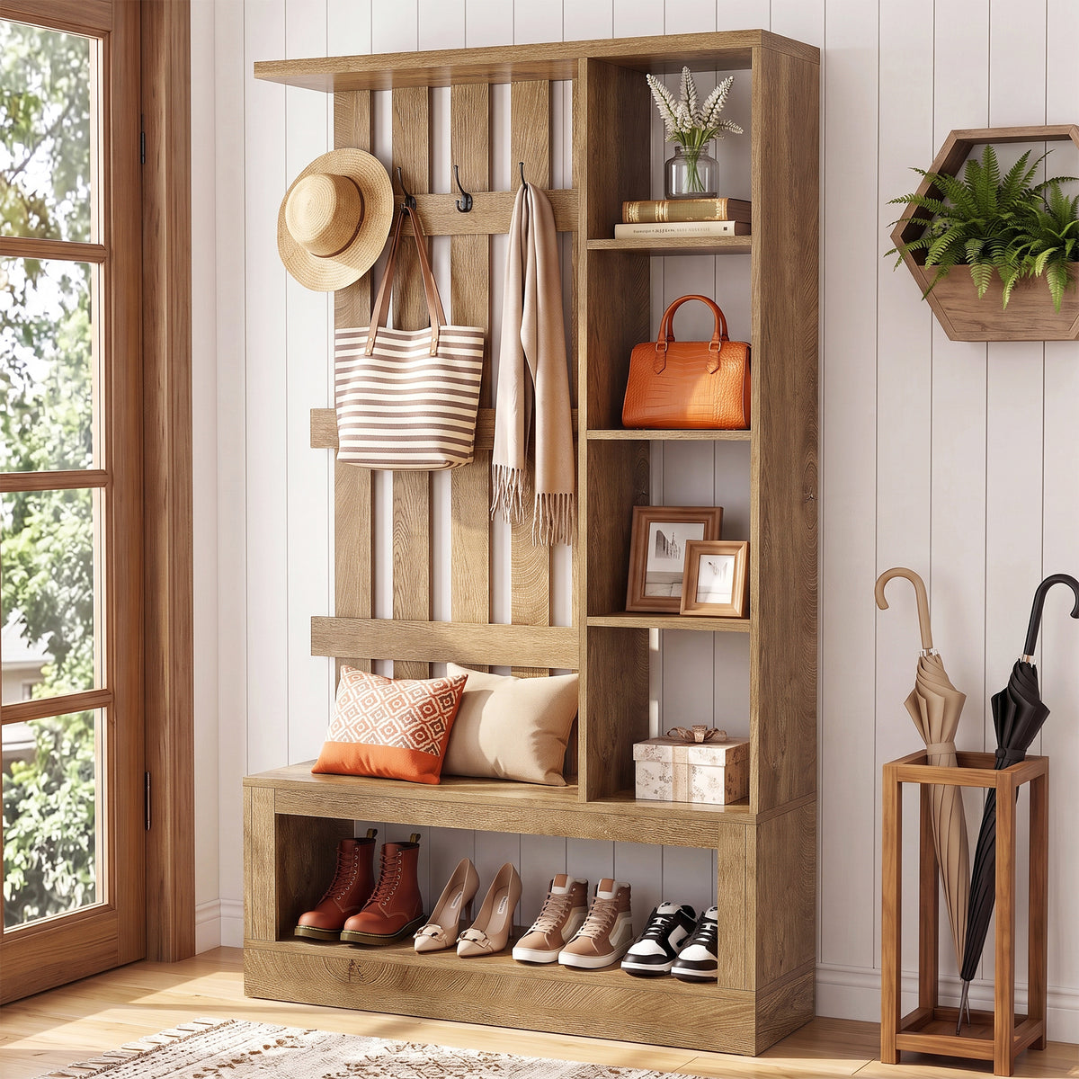 70.87" Farmhouse Hall Tree with Storage Bench & Hooks for Entryway