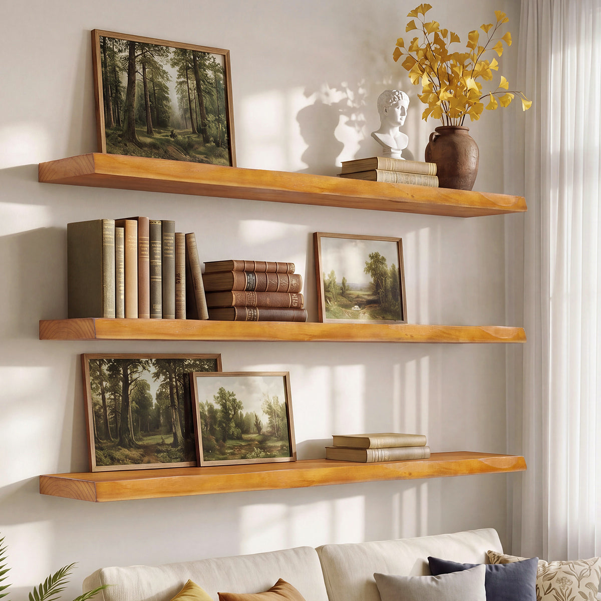 47.2" Floating Shelves for Wall Set of 3, Solid Wood Live Edge Wall Shelves