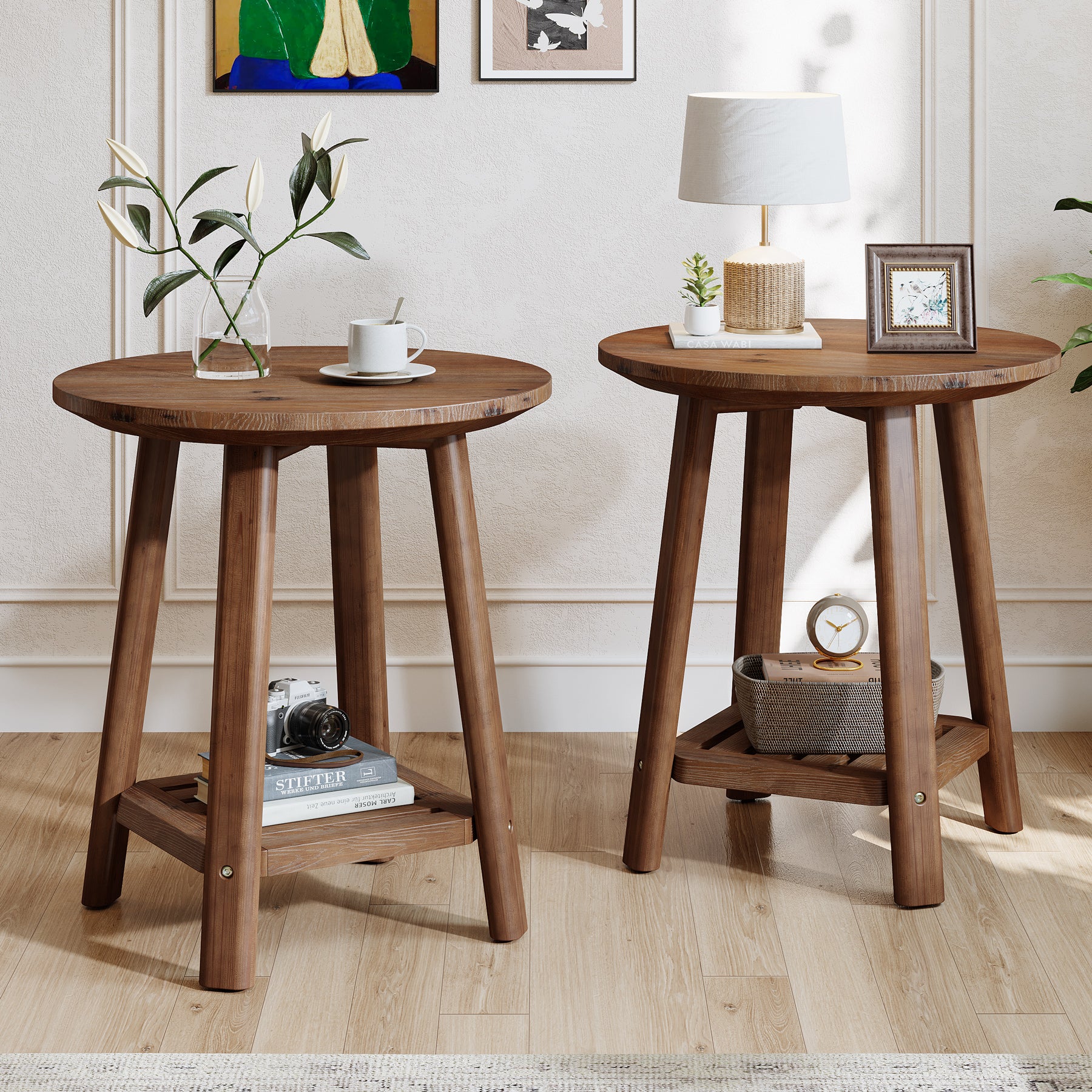 23.62" Round Solid Wood Side Table, 2-Tier Farmhouse Storage Shelf Walnut