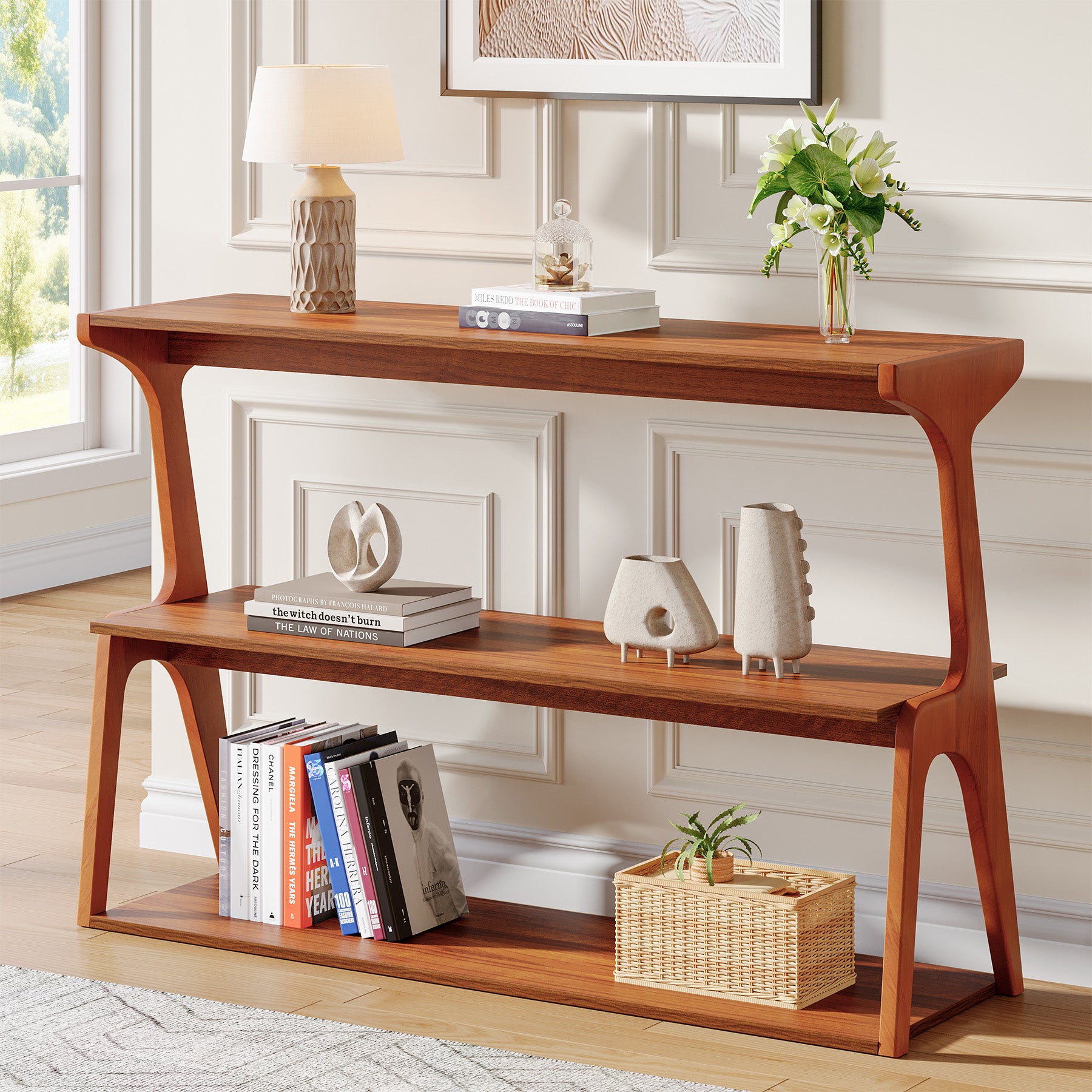 3-Tier Console Table, 47" Narrow Entryway Sofa Table with Solid Wood Legs