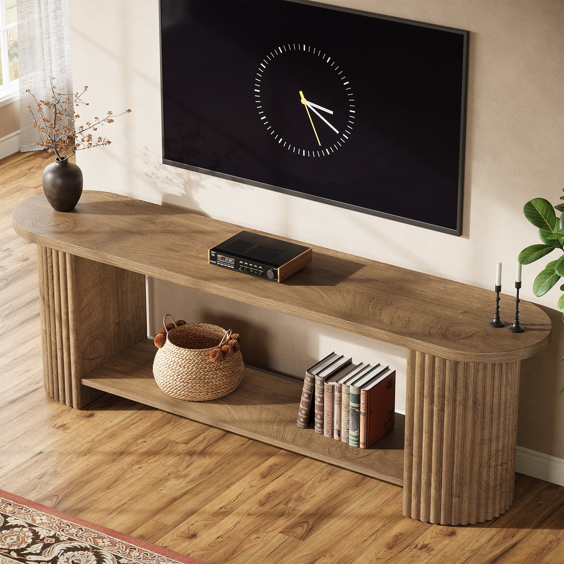 63” Fluted TV Stand, Farmhouse Entertainment Center with Storage Shelf