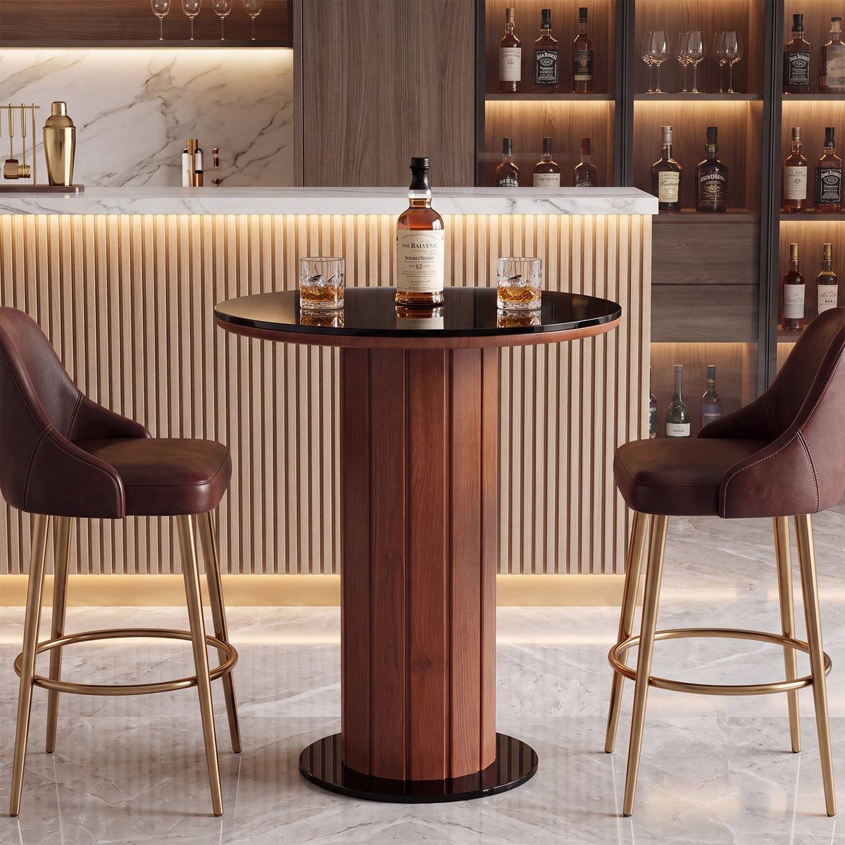 37.8" H Round Bar Table with Tempered Glass Top, Modern Pub Table with Fluted Pedestal Base