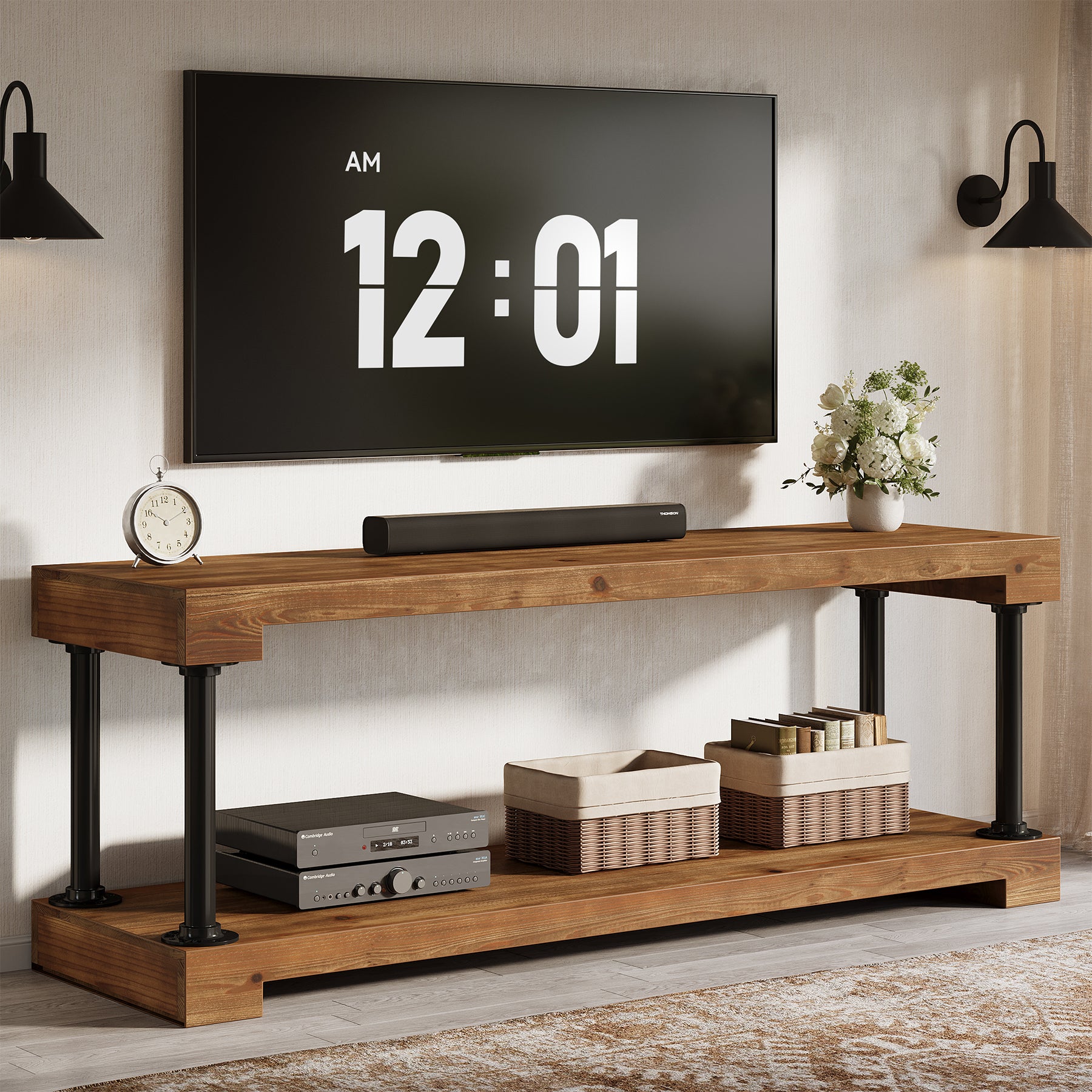 Tribesigns 63-Inch Solid Wood TV Stand, Vintage Media Console Table with Storage