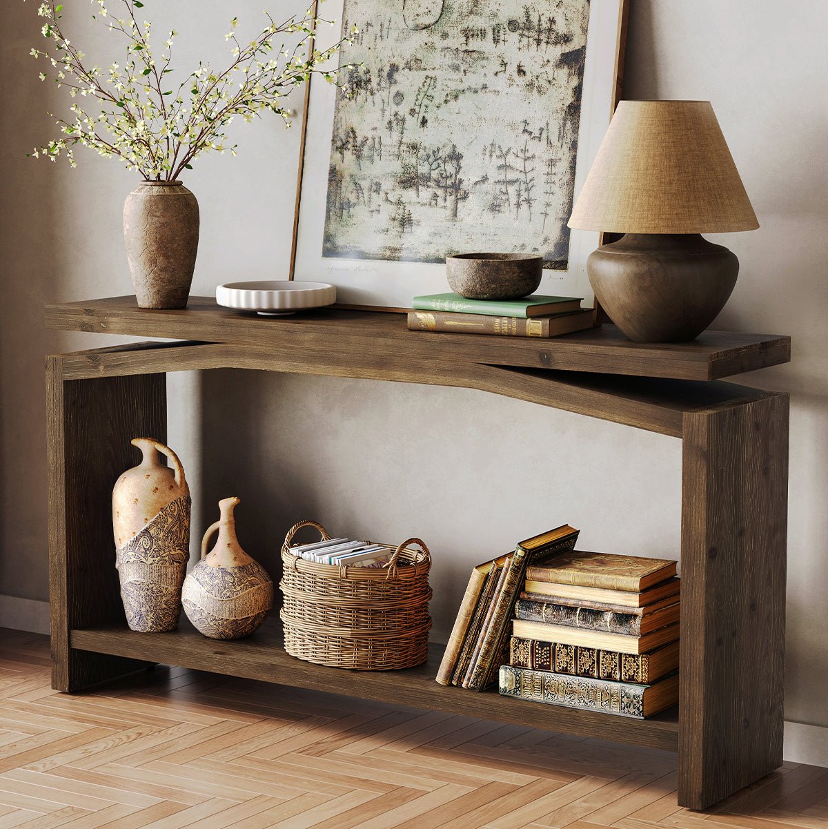 63" Solid Wood Console Table with Storage Shelf, Farmhouse Entryway & Sofa Table for Hallway or Behind Couch