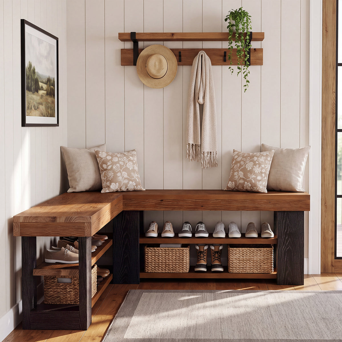 47" L-Shaped Corner Bench, 3-Tier Solid Wood Entryway Bench, Hallway Mudroom