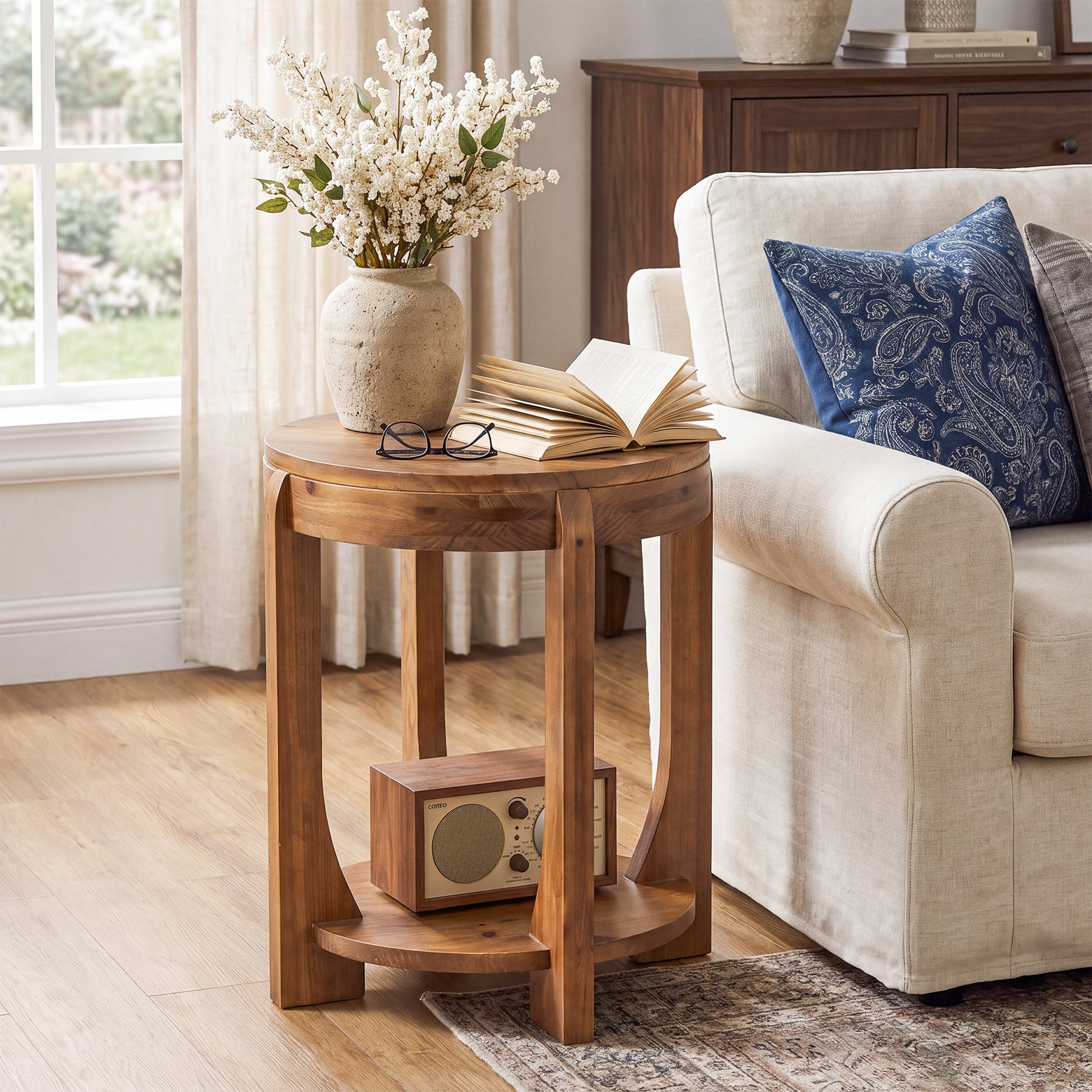 Solid Wood End Table, 2-Tier Round Side Table with Storage Shelf for Living Room, Bedroom