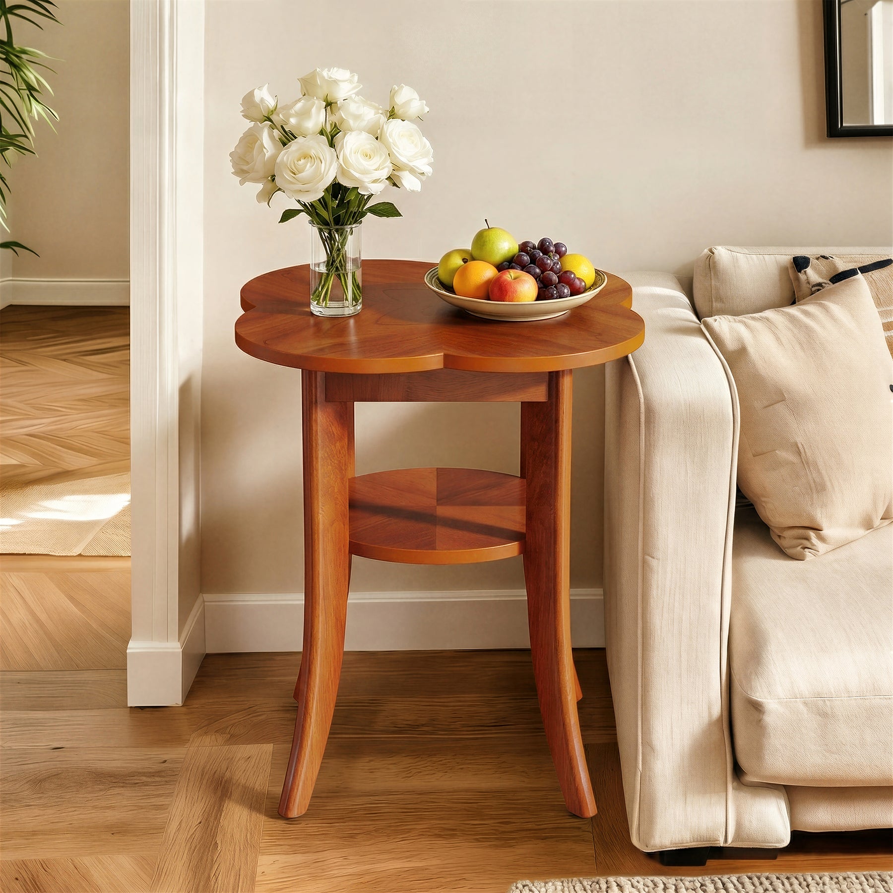 Solid Wood End Table, 2-Tier Sofa Side Table with Storage Shelf