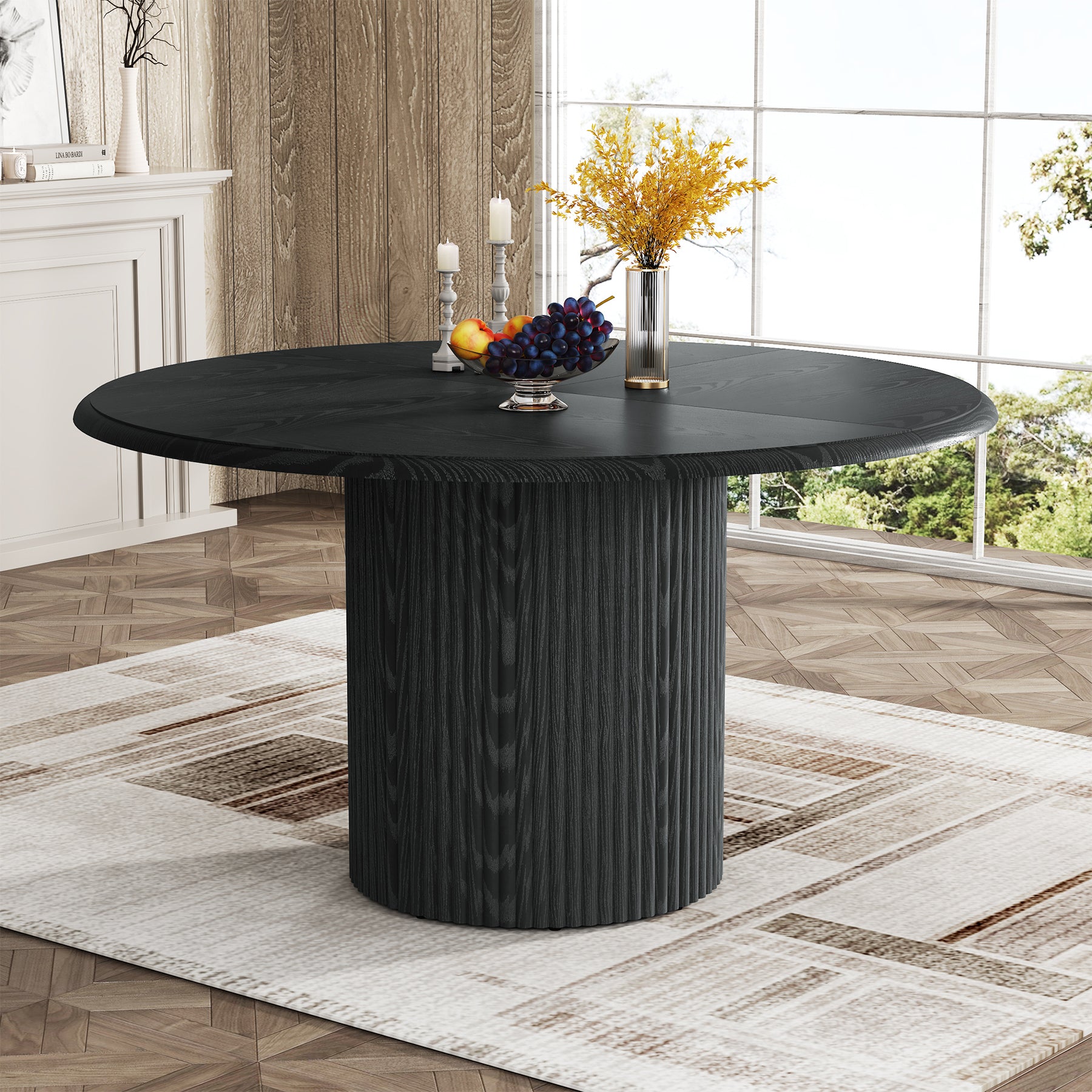 Round Dining Table, 47.24" Farmhouse Kitchen Table with Metal Base for 4
