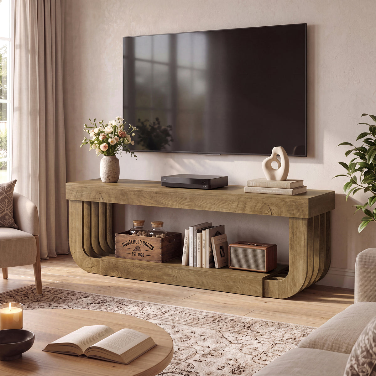 63" TV Stand, Modern Entertainment Center Media Console with Curved Open Storage