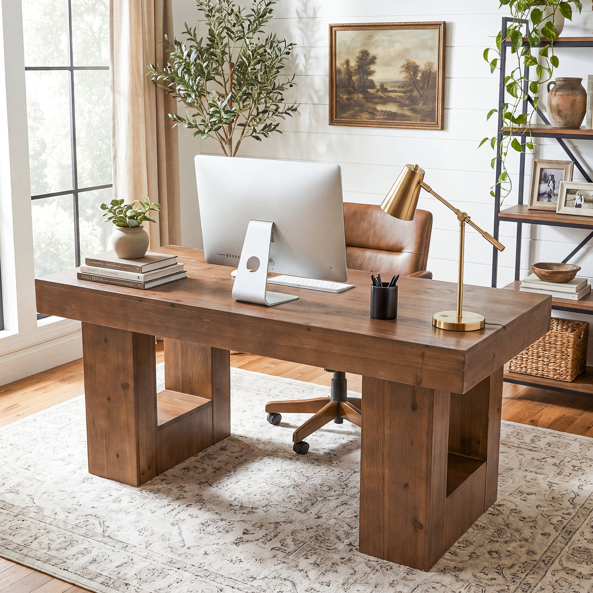 63" Solid Wood Computer Desk, Rectangular Home Office Desk with Sturdy Pedestal Base
