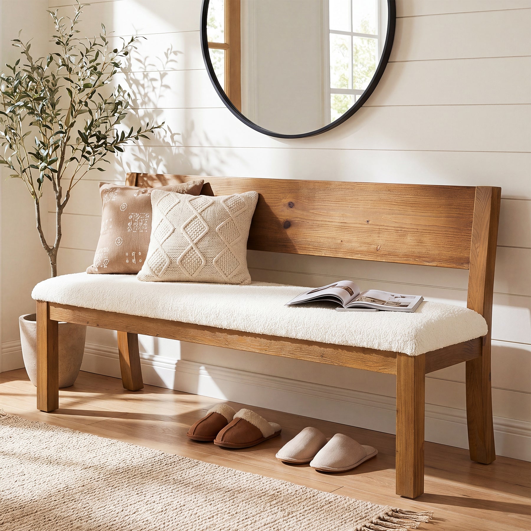 55" Entryway Bench, Upholstered Storage Bench with Backrest for Hallway