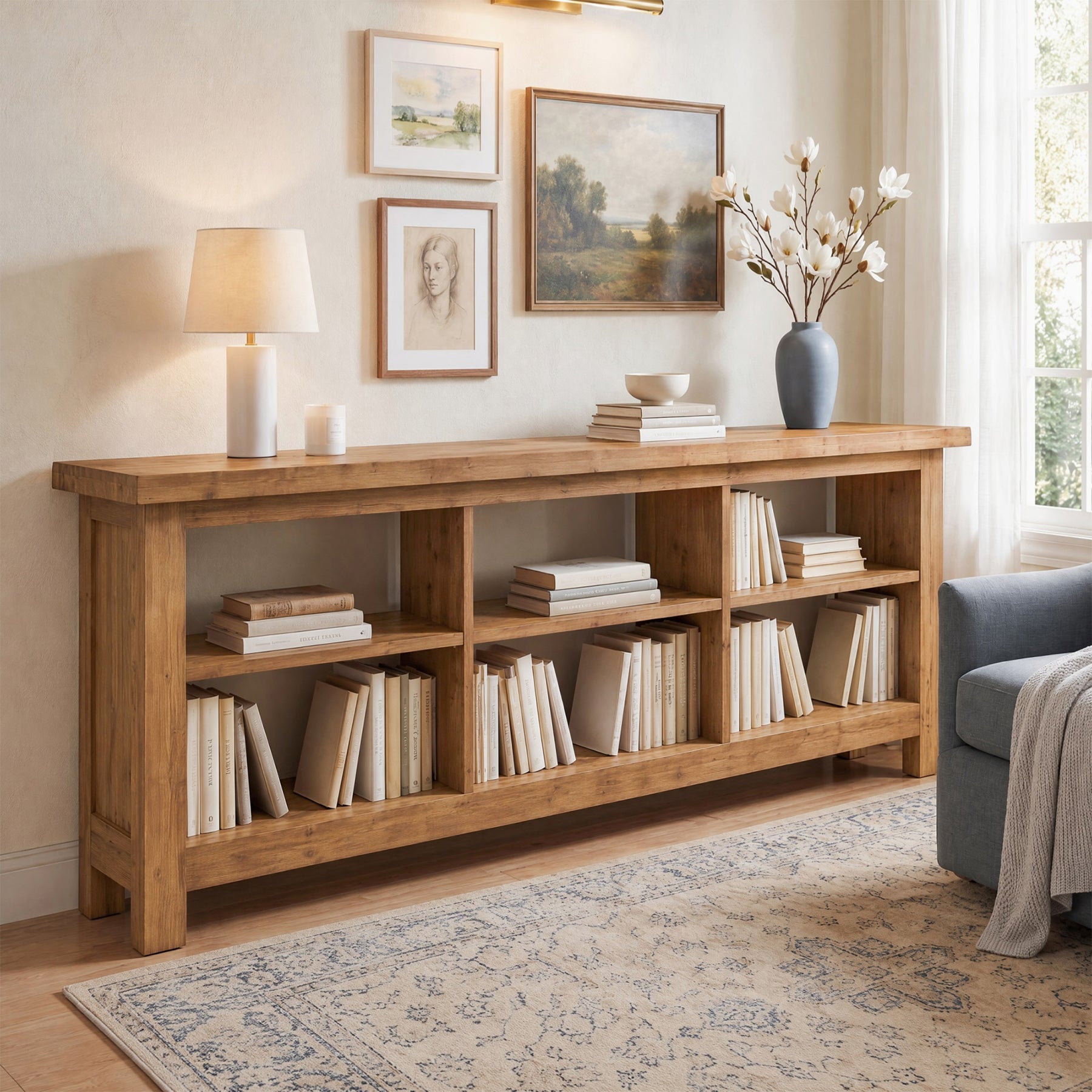 70.8" Long Console Table, 3-Tier Solid Wood Entryway Table with 6 Cubes Shelf