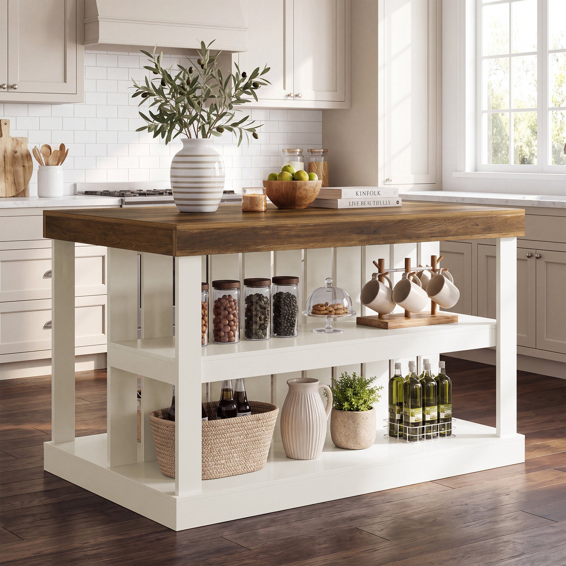 55-Inch Kitchen Island with Storage, Farmhouse Freestanding Island Table