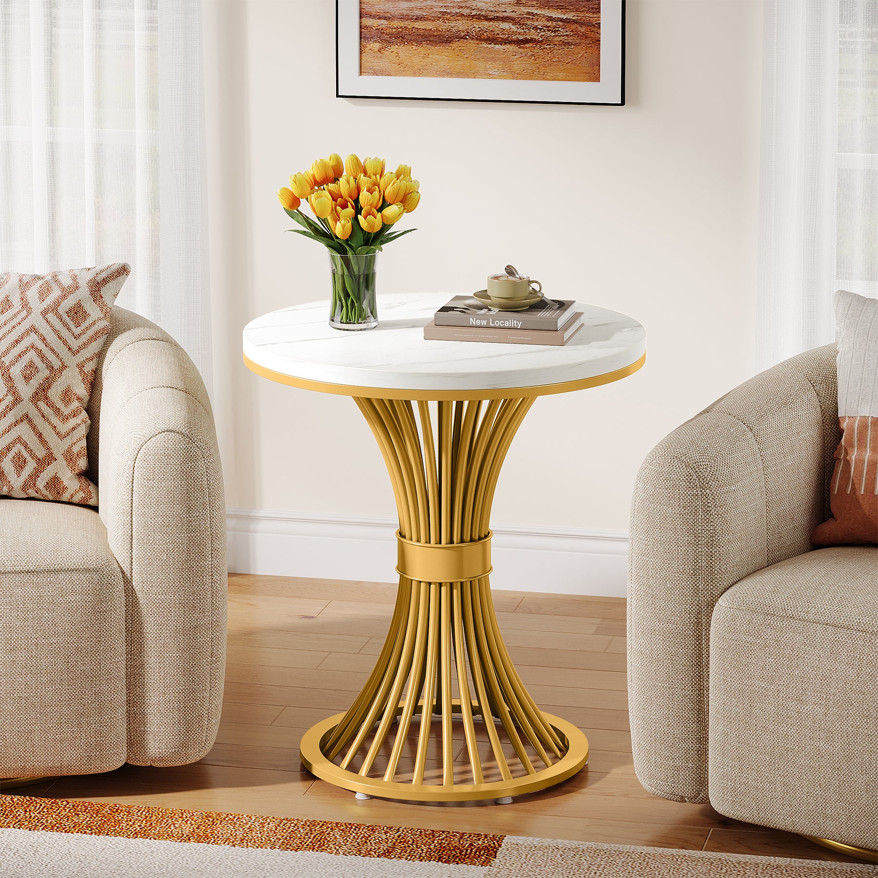 Tribesigns 20-Inch Round End Table, Faux Marble Side Table with Gold Metal Base