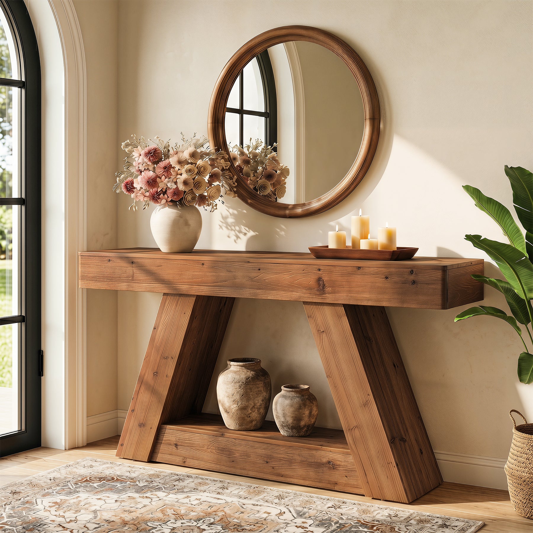 63” Solid Wood Console Table, Farmhouse Sofa Table Behind Couch with 2-Tier Storage for Hallway