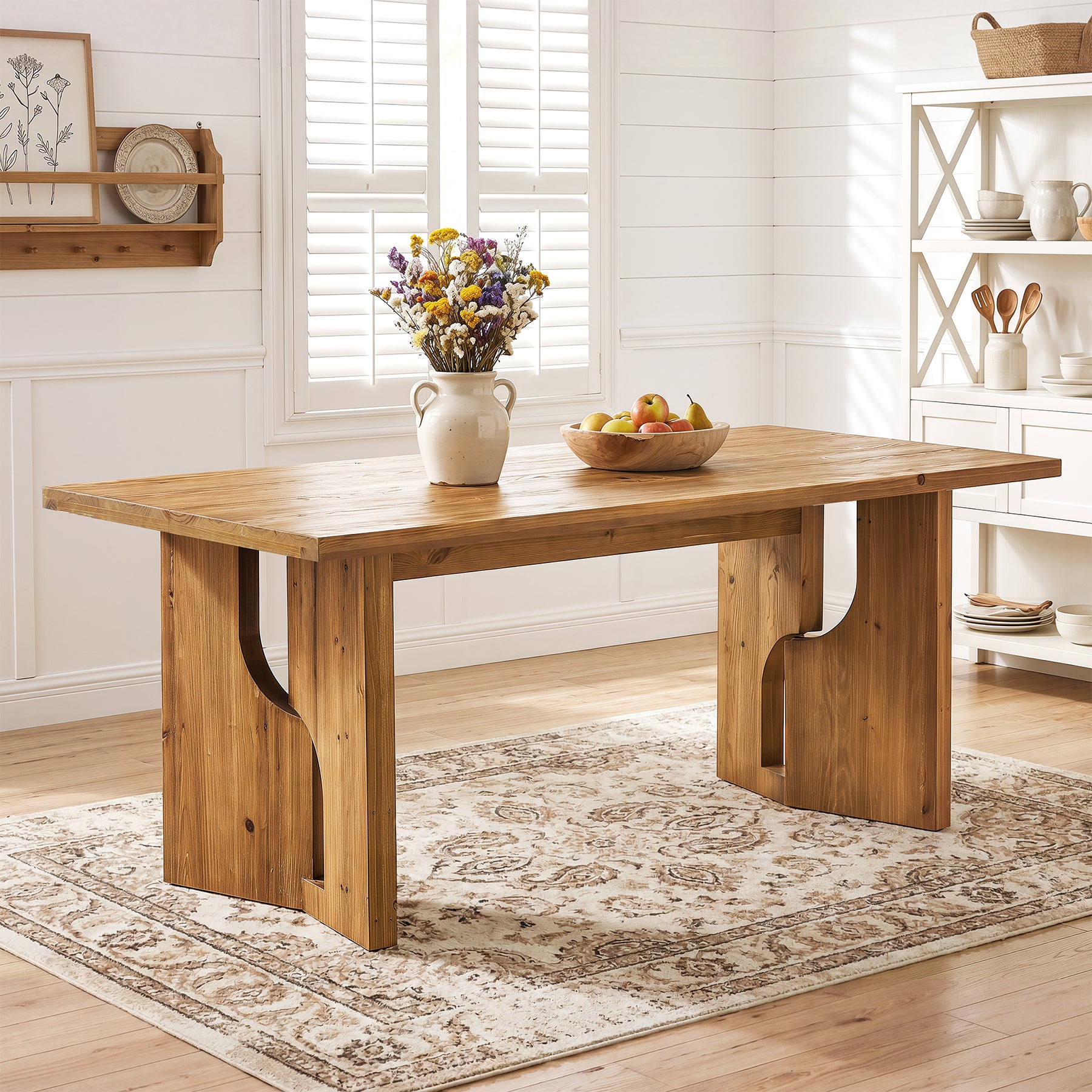 63" Solid Wood Dining Table for 4-6, Farmhouse Kitchen Table with Cutout Bases