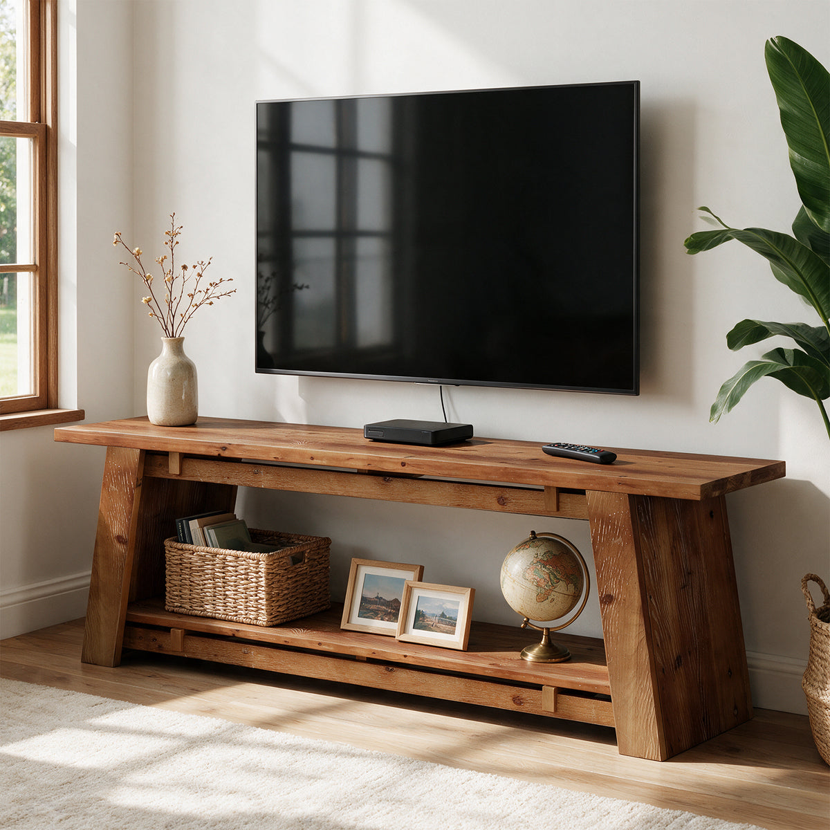 Tribesigns 63" Solid Wood TV Stand with 2-Tier Storage, Farmhouse Media Console for 70" TVs