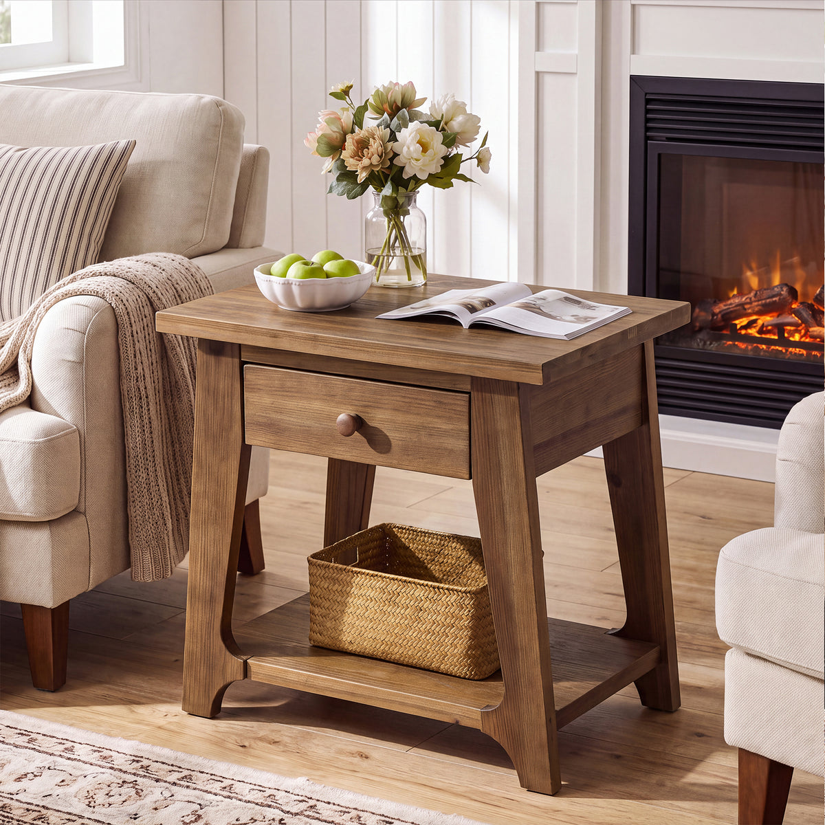 Solid Wood End Table, Narrow Side Table with Drawer & Open Shelf for Small Spaces