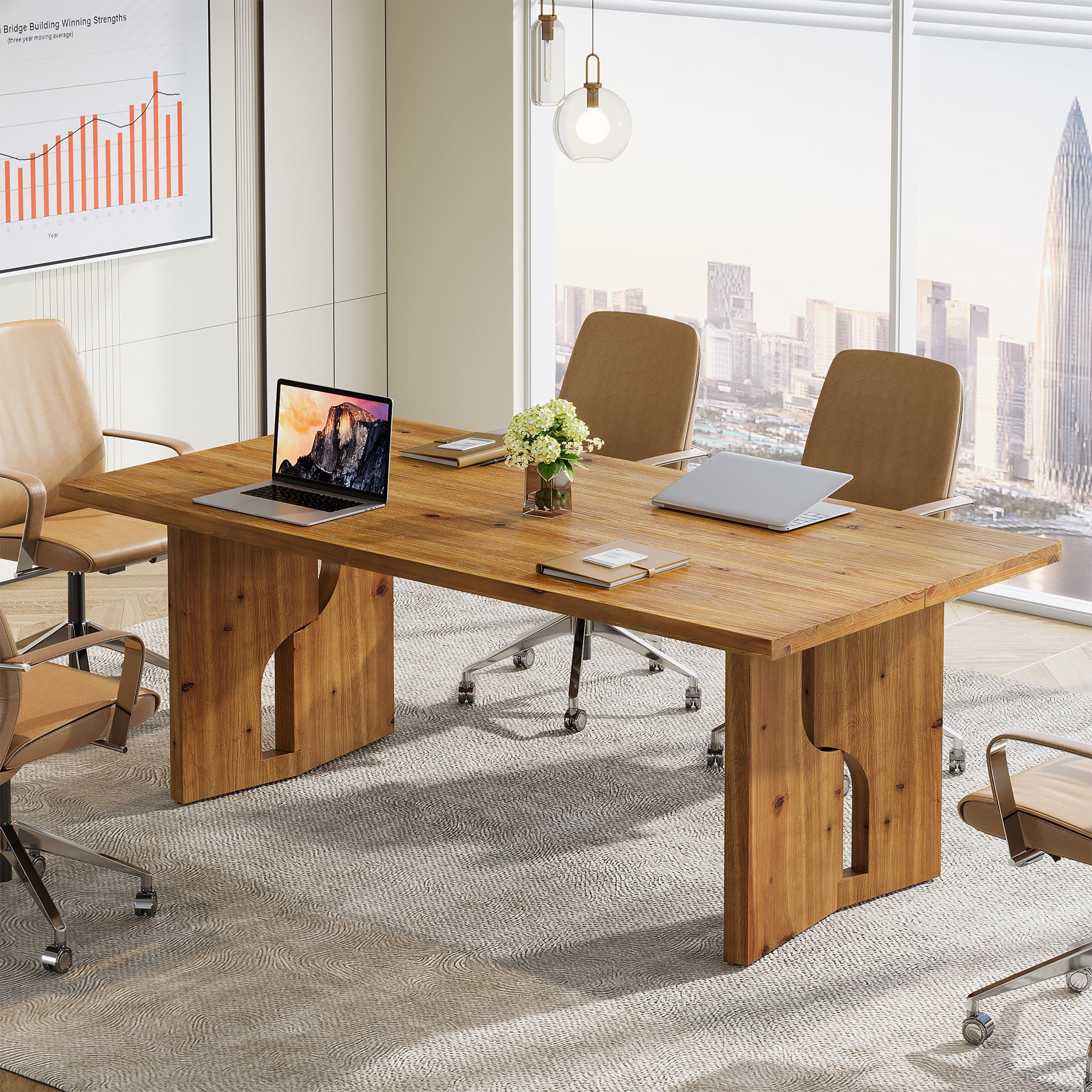 5.25FT Solid Wood Conference Table for 4-6 Users, 63" Executive Desk with Cutout Bases