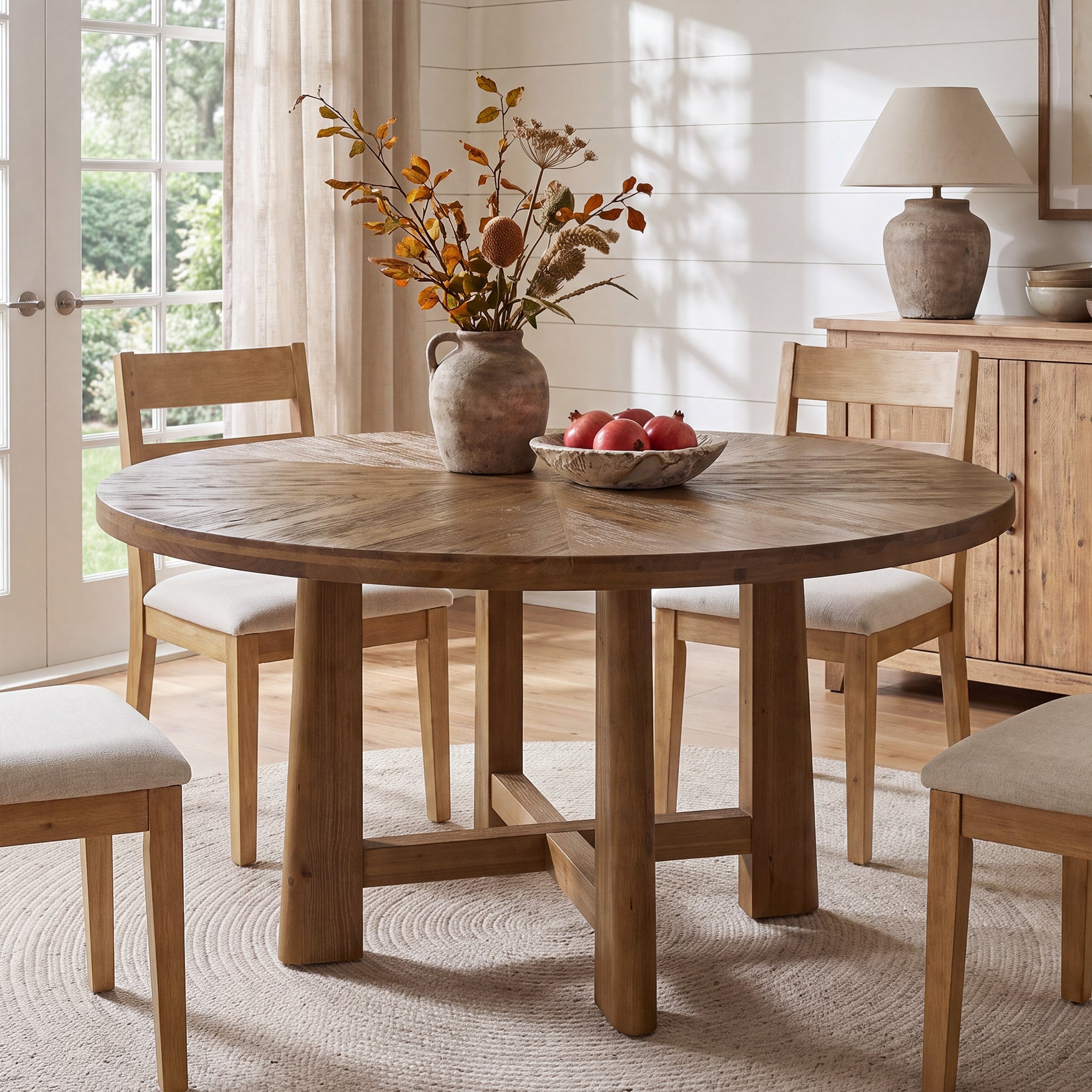 47" Round Farmhouse Dining Table for 6, Solid Wood Kitchen Table, Dining Room Living Room