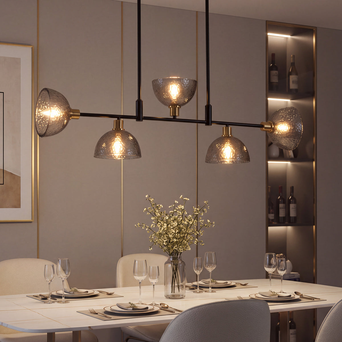 5-Light 39" Black Linear Chandelier, Modern Smoke Gray Glass Pendant Light