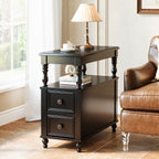 23.6" End Table, Solid Wood Accent Nightstand Bedside Table with Double Drawer