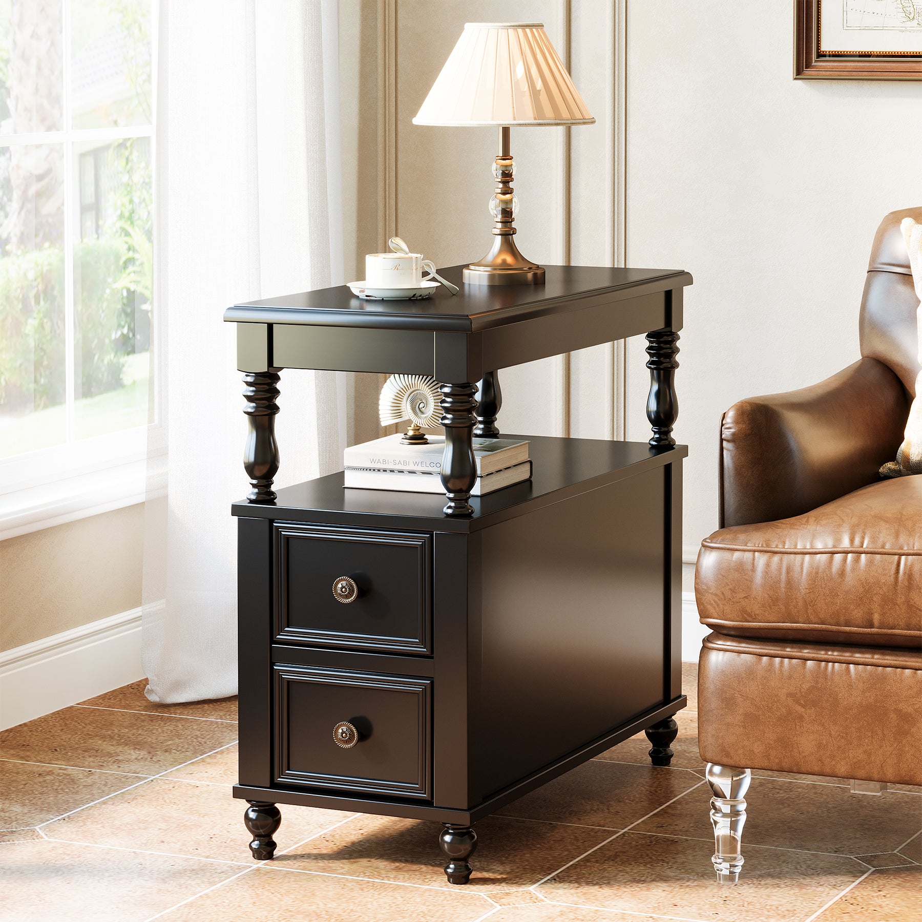 23.6" End Table, Solid Wood Accent Nightstand Bedside Table with Double Drawer