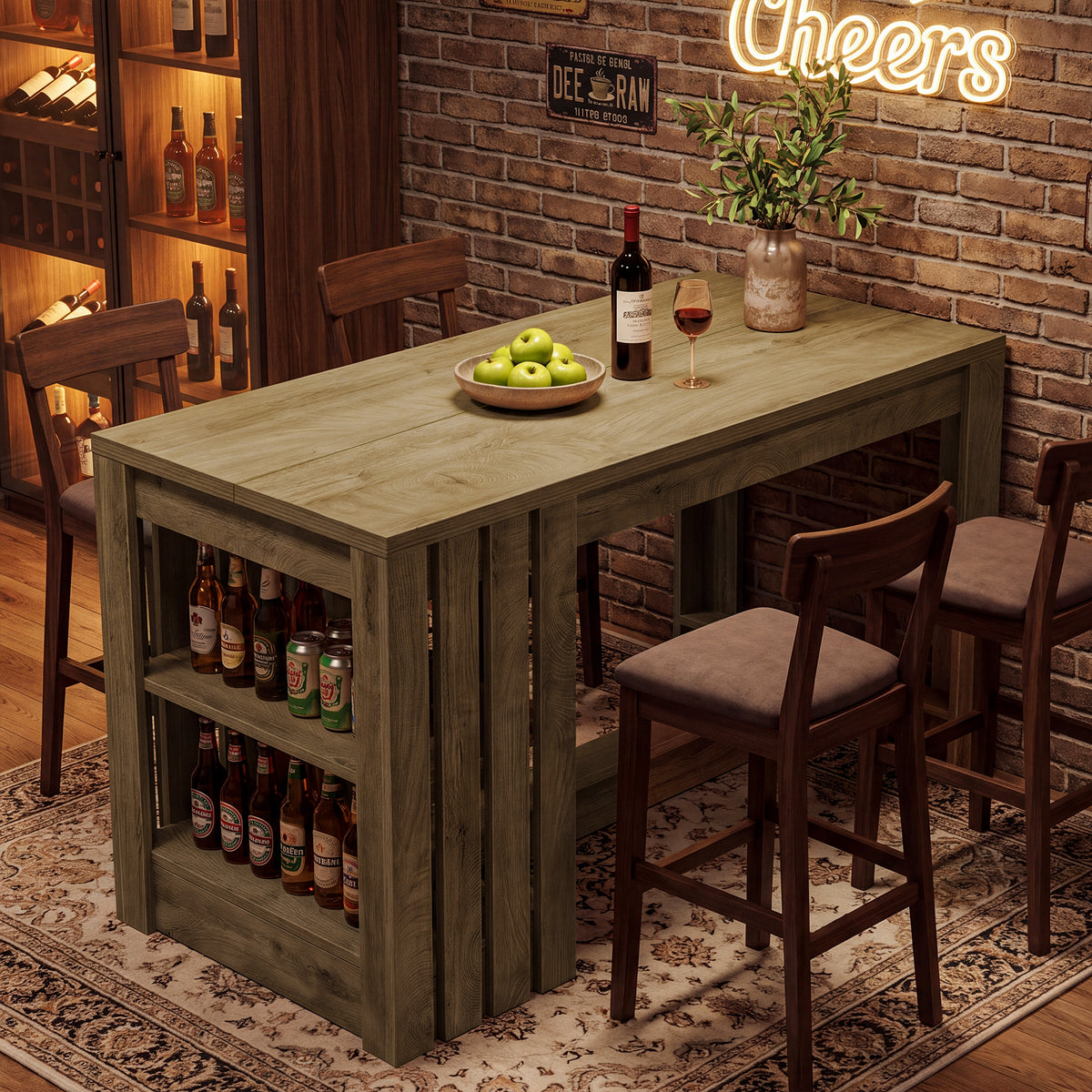 55" Bar Table, Farmhouse Counter Height Pub Table with 2-Tier Storage & Slatted Side Panel