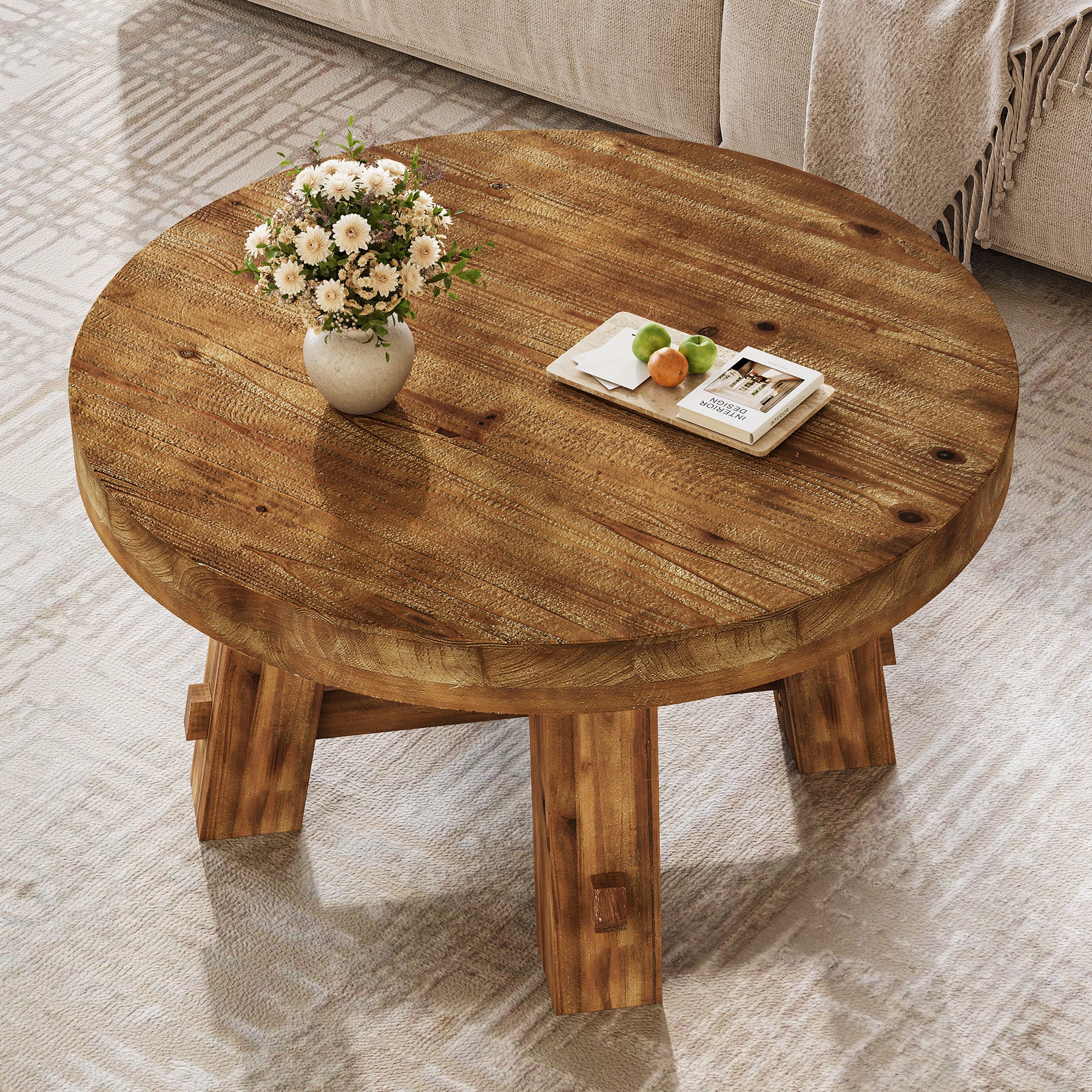 Solid Wood Coffee Table, 31.5" Round Center Table with Thickened Tabletop
