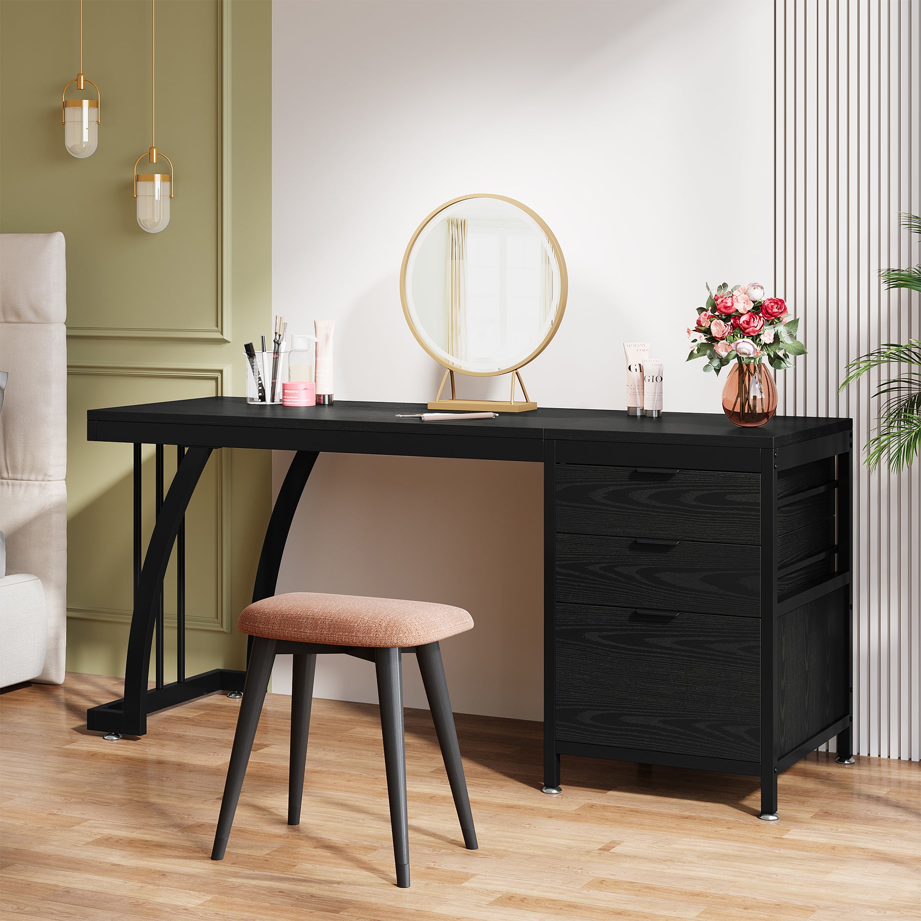 3-Drawer Makeup Vanity Desk, 59" Dressing Table with Reversible Drawers (Only Desk), Walnut 3-Drawer Makeup Vanity Desk, 59" Dressing Table with Reversible Drawers (Only Desk), Walnut